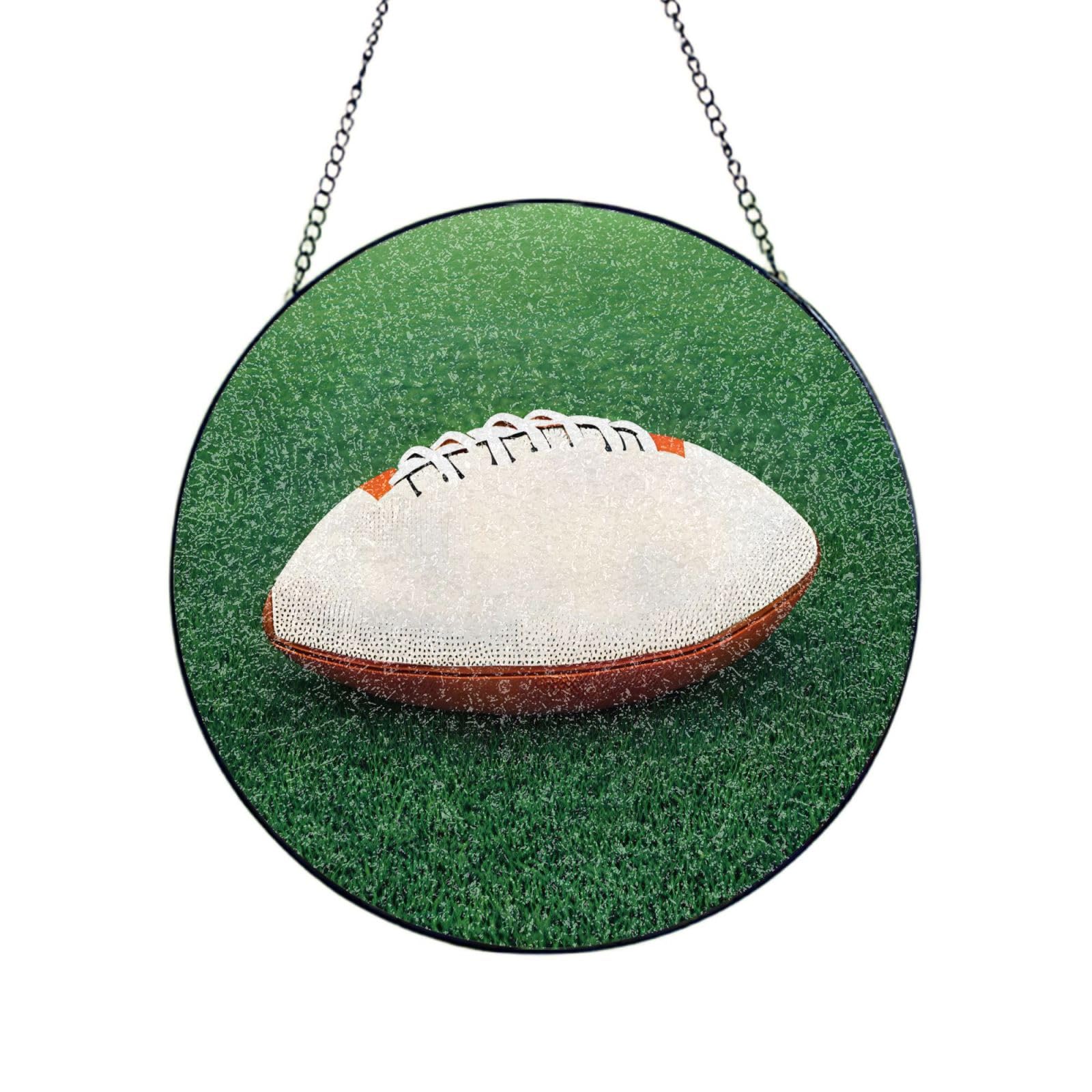 Phayah White Rugby Ball Print Glass Window Hanging Round Suncatcher Glass Ornament Garden Wall Fence Decorations Indoor Outdoor 4in（10cm）