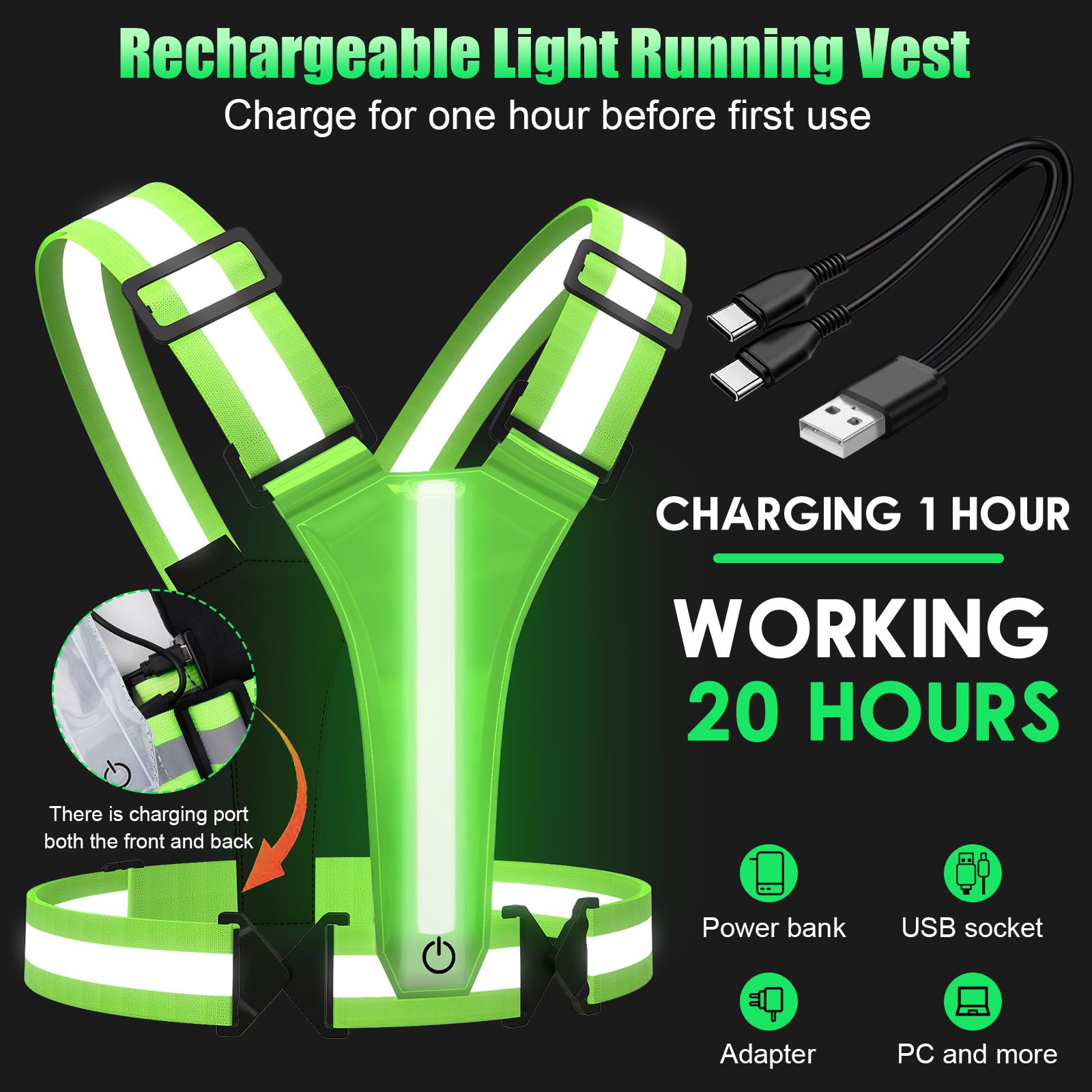 Gilet de course à pied réfléchissant 5 couleurs avec lumières rechargeables pour la marche de nuit, la course à pied, le cyclisme, taille réglable pour hommes, femmes, enfants (LED vert)