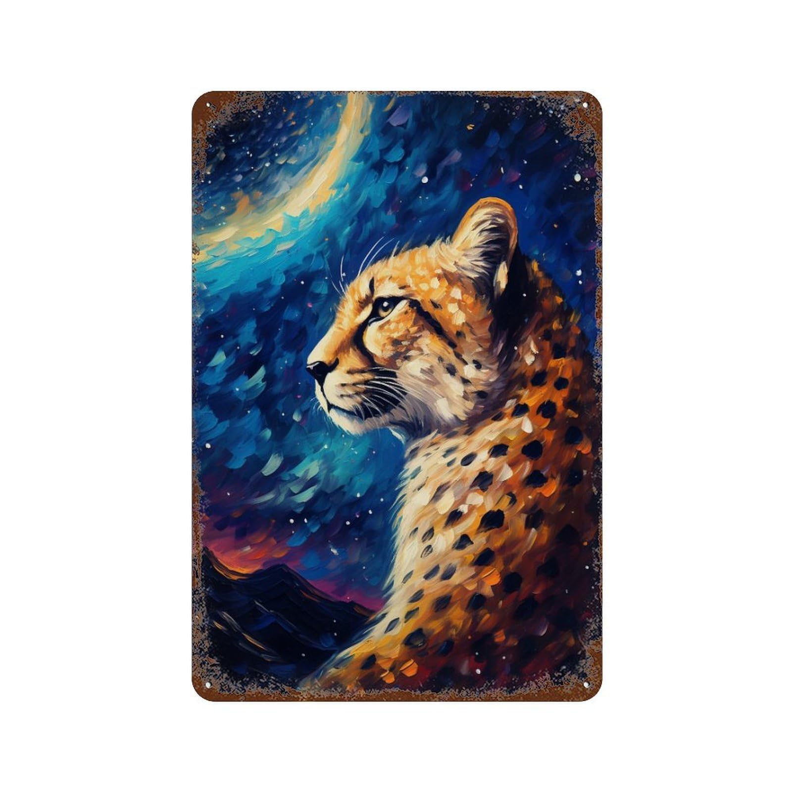 Weathered Tin Sign with Galactic Cheetah Majesty Design 11.8"x7.9", for Office, Studio And Wall Decor, Retro Wall Decor