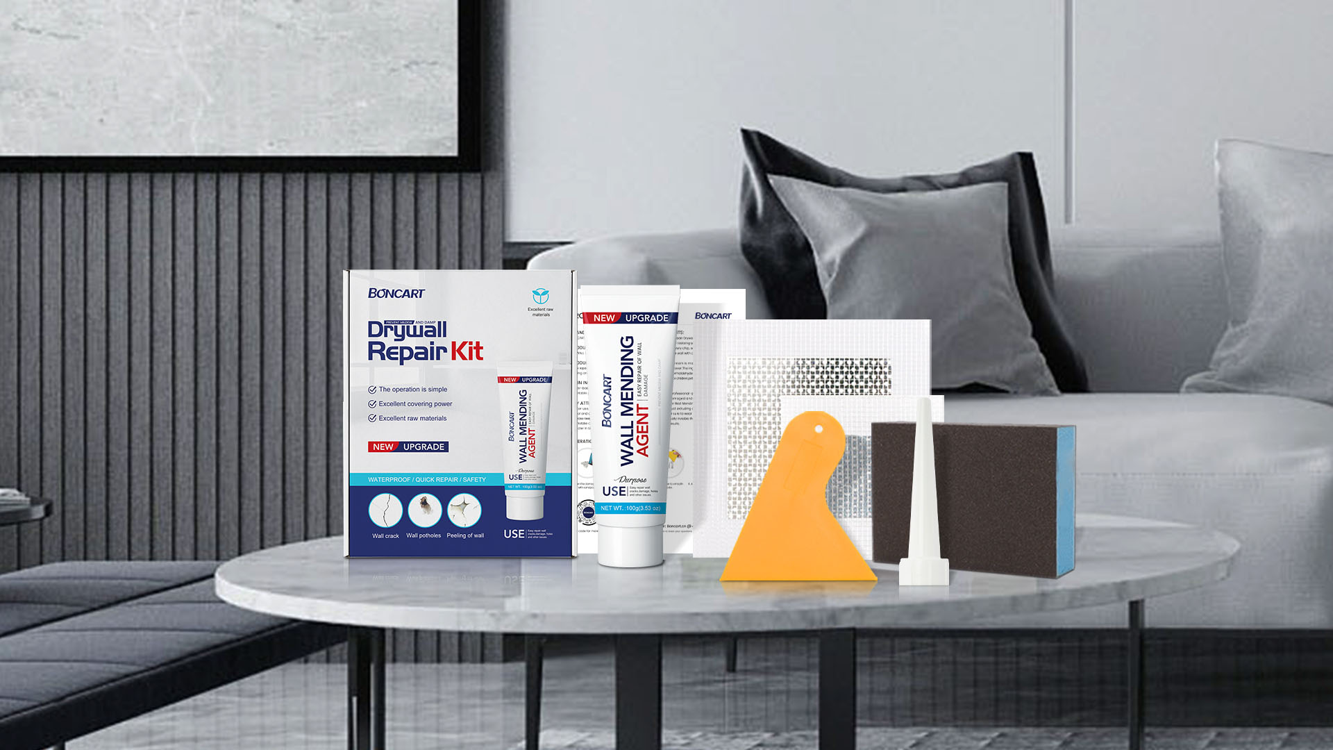 Image of BONCART Spackle Wall & Drywall Repair Patch Kit with Tools | Includes Wall Putty, Scraper, Sanding Sponge, And Aluminum Patches. For Wall Cracks And Nail Holes.