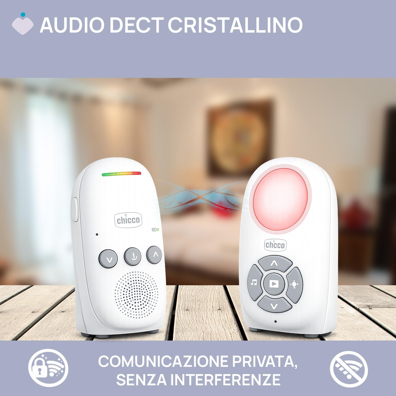 Chicco Audio Baby Monitor Digitale DECT, Komunikacja Dwukierunkowa, 5 Kołysanek, Tryb VOX, Zasięg Daleki