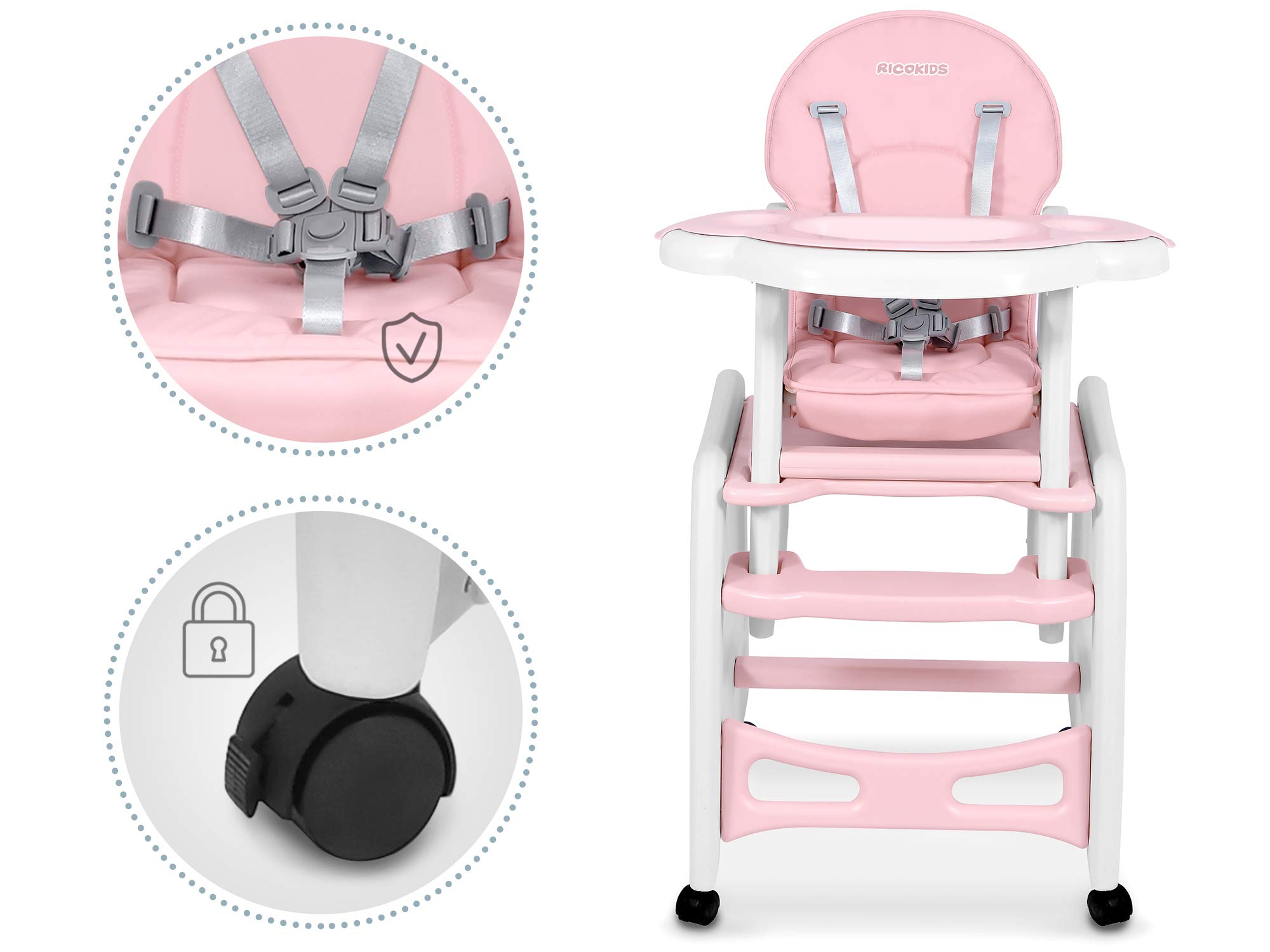 Ricokids Sinco Kinderhochstuhl Mitwachsender Multifunktions Hochstuhl 5in1 Tisch Babystuhl Regulierbar Schaukelfunktion Rosa
