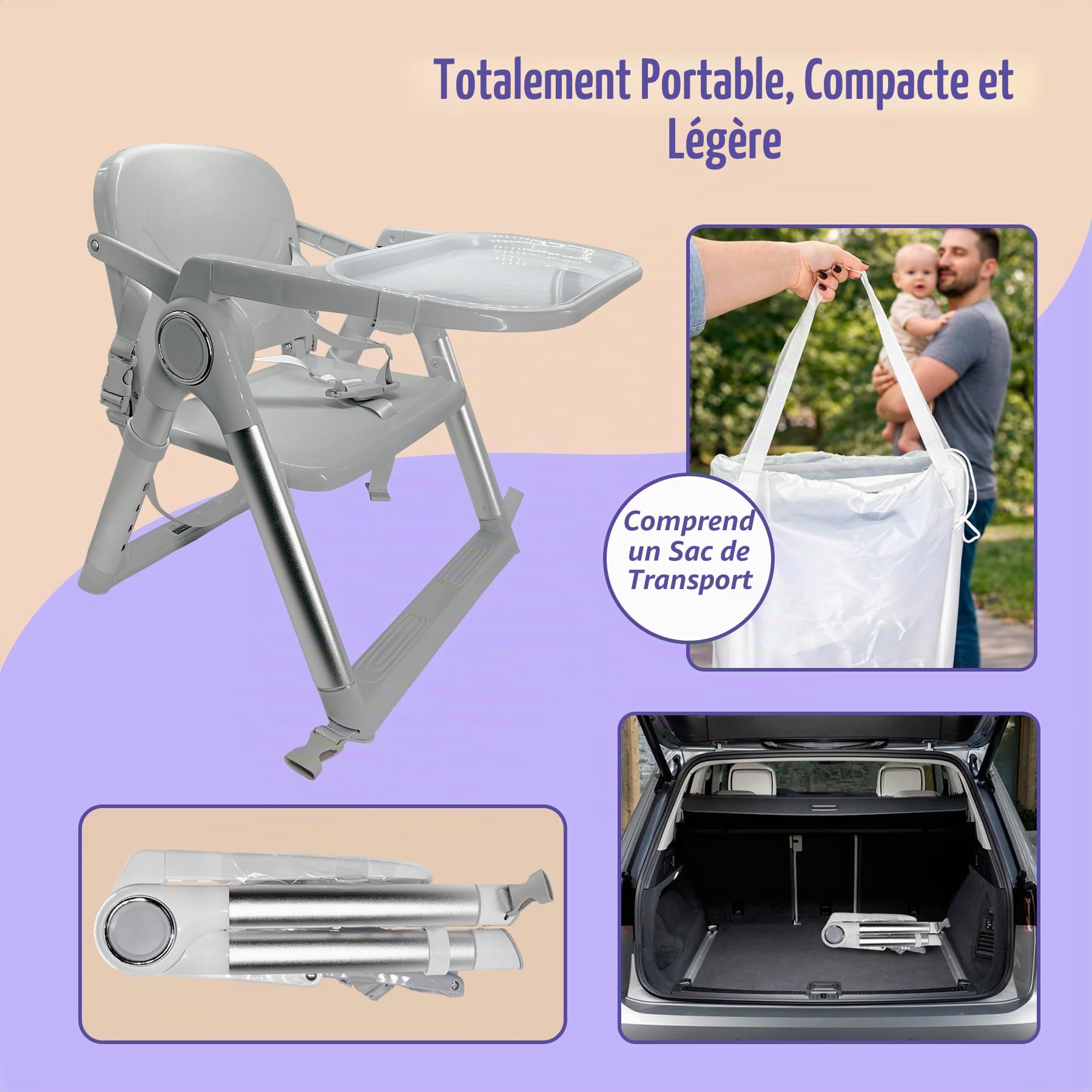 Chaise Haute Bébé Portable Pliable 2 en 1, Rehausseur de Chaise avec Sangles de Fixation, 4 Hauteurs Réglables, Plateau Amovible, Sac de Transport, 6-36 Mois jusqu’à 15 kg (Gris + Argent)