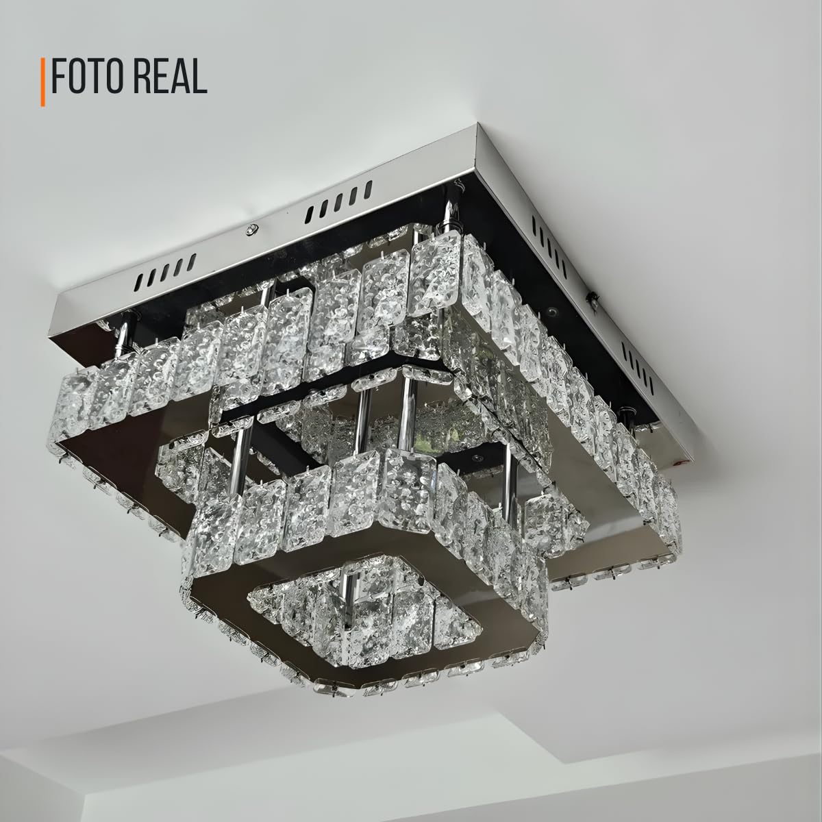 LUSTRE PLAFON QUADRADO CRISTAL INOX LED 36W 3EM1 BIVOLT LTX-007