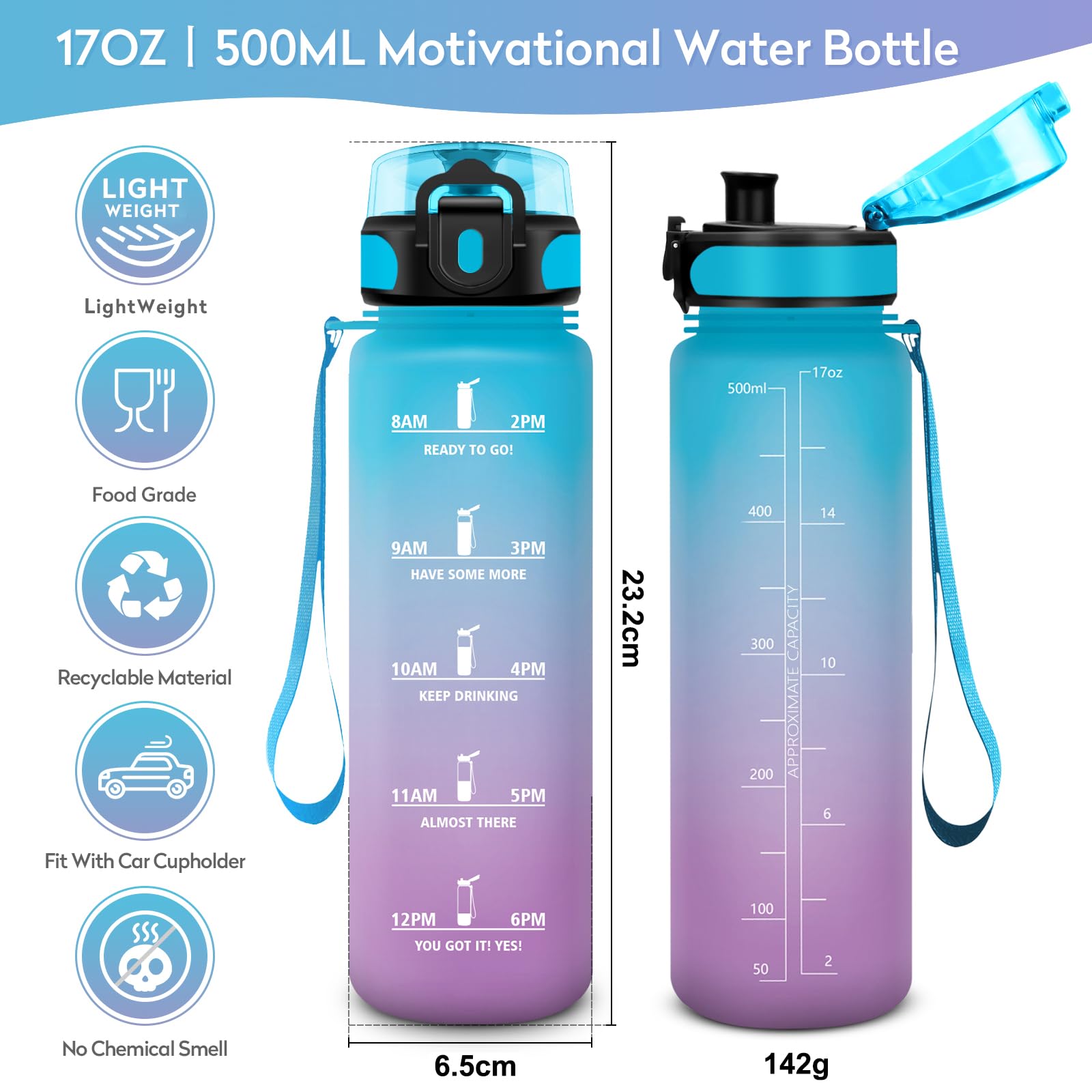 JAPORIA Borraccia Motivazionale 500ml, Bottiglia Acqua a Prova di Perdite, senza BPA, Borraccia Sportiva con Indicatore del Tempo Motivazionale, per Sport, Campeggio, Yoga