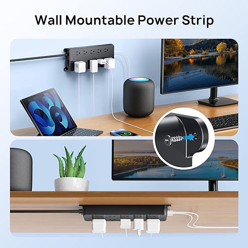 Miniatura 6 de TROND Protector de sobretensión, cable de extensión de enchufe plano de 15 pies de largo, 10 salidas de CA ampliamente espaciadas, 2 puertos USB A y