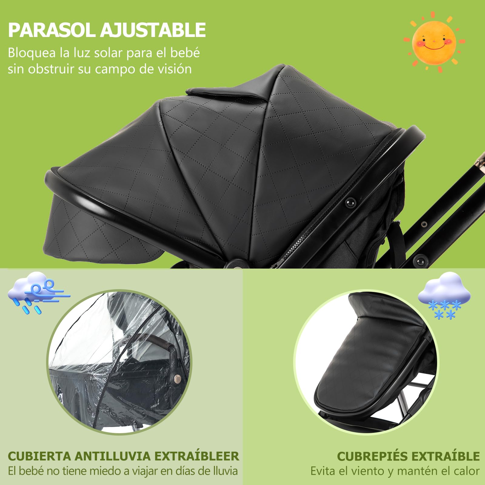 Zkiprm Sistema Viaggio 3 in 1 Passeggino con Seggiolino Auto R129, Reversibile, Pieghevole Un Clic, Ruote PU Antishock, Telaio in Alluminio Leggero, Copripioggia (0-4 Anni) Nero