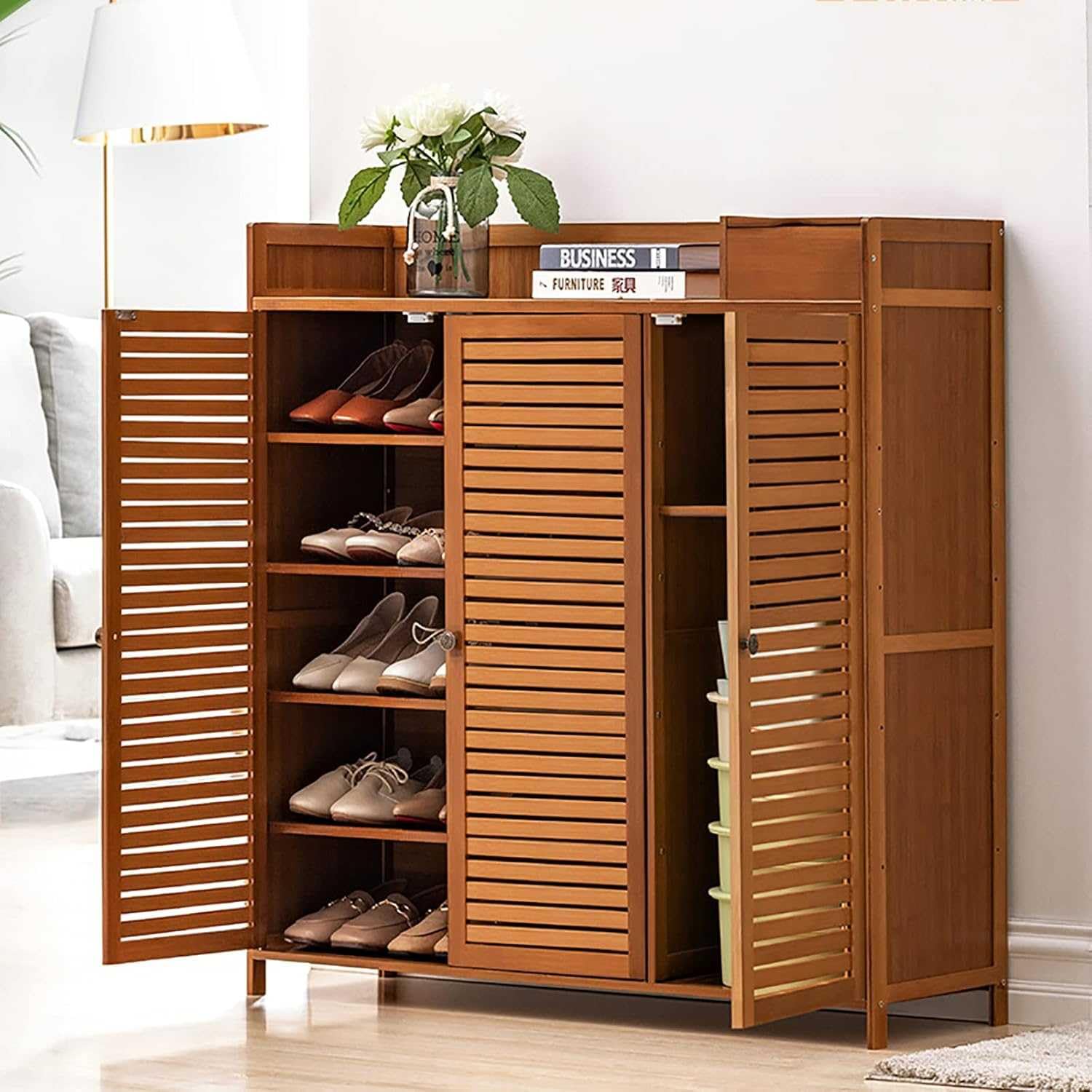 Armoire rangement entrée bambou portes organiseur chaussures grande capacité