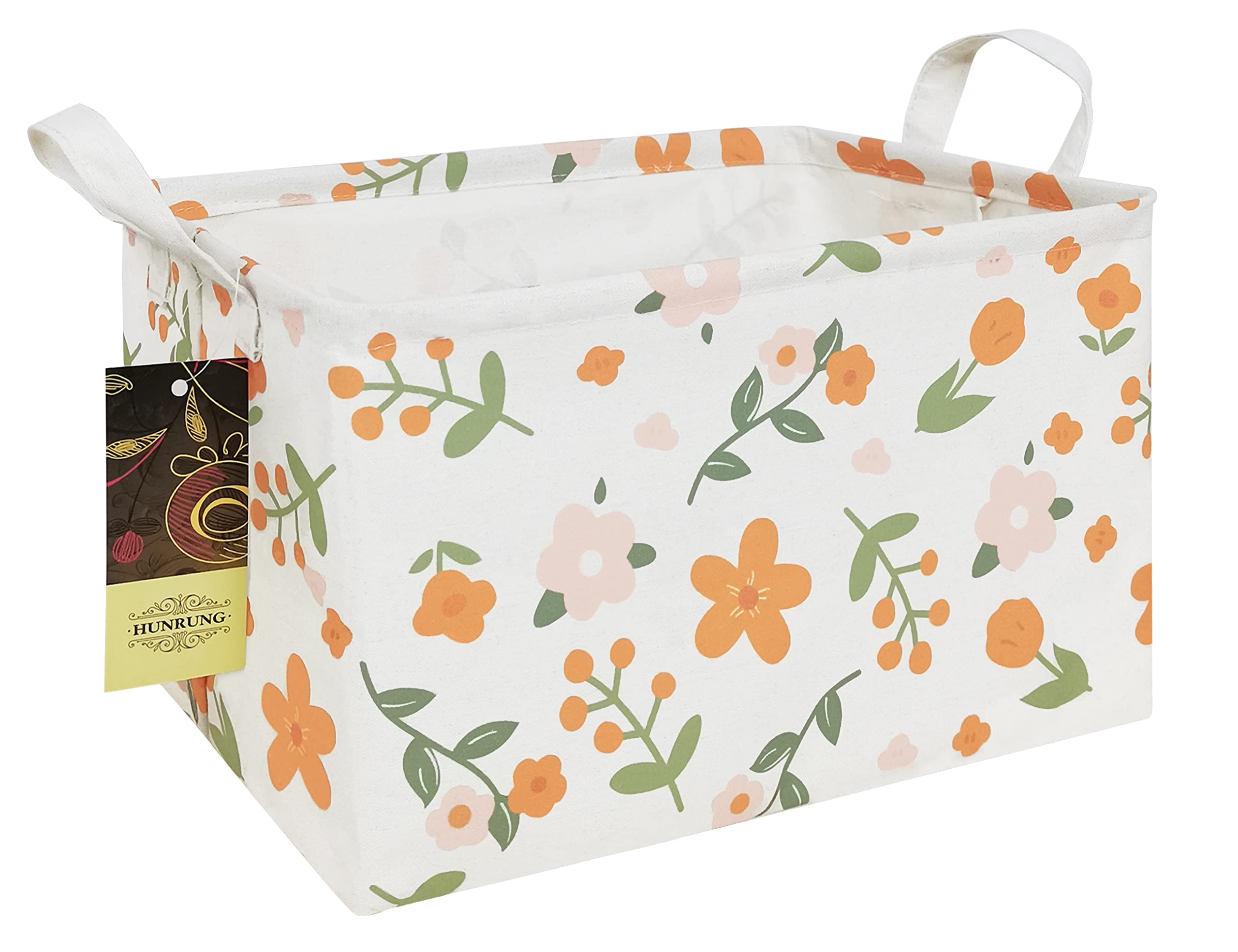 HUNRUNG Rectangle Storage Basket Cute Canvas Organizer Bin for Pet/Children Toys, Books, Clothes Perfect for Rooms/Playroom(Rec-Orange Flower)