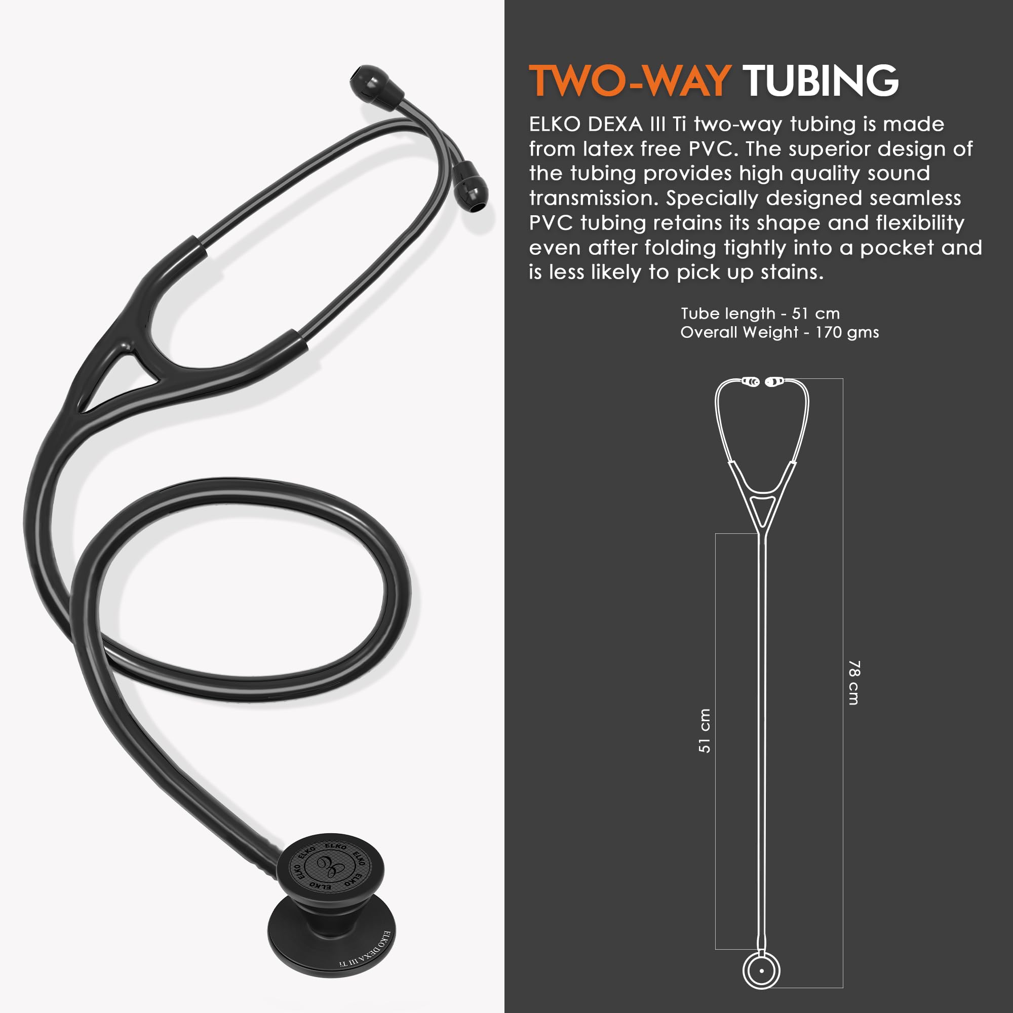 ELKO EL-250 DEXA III Ti Black Edition Titanium dual head acoustic stethoscope | Adult & Pediatric Stethoscope with Double-sided Natural Titanium Chestpiece | Two-Way PVC Tubing | Doctors & Medical Students (BLACK) - Image 6 thumbnail