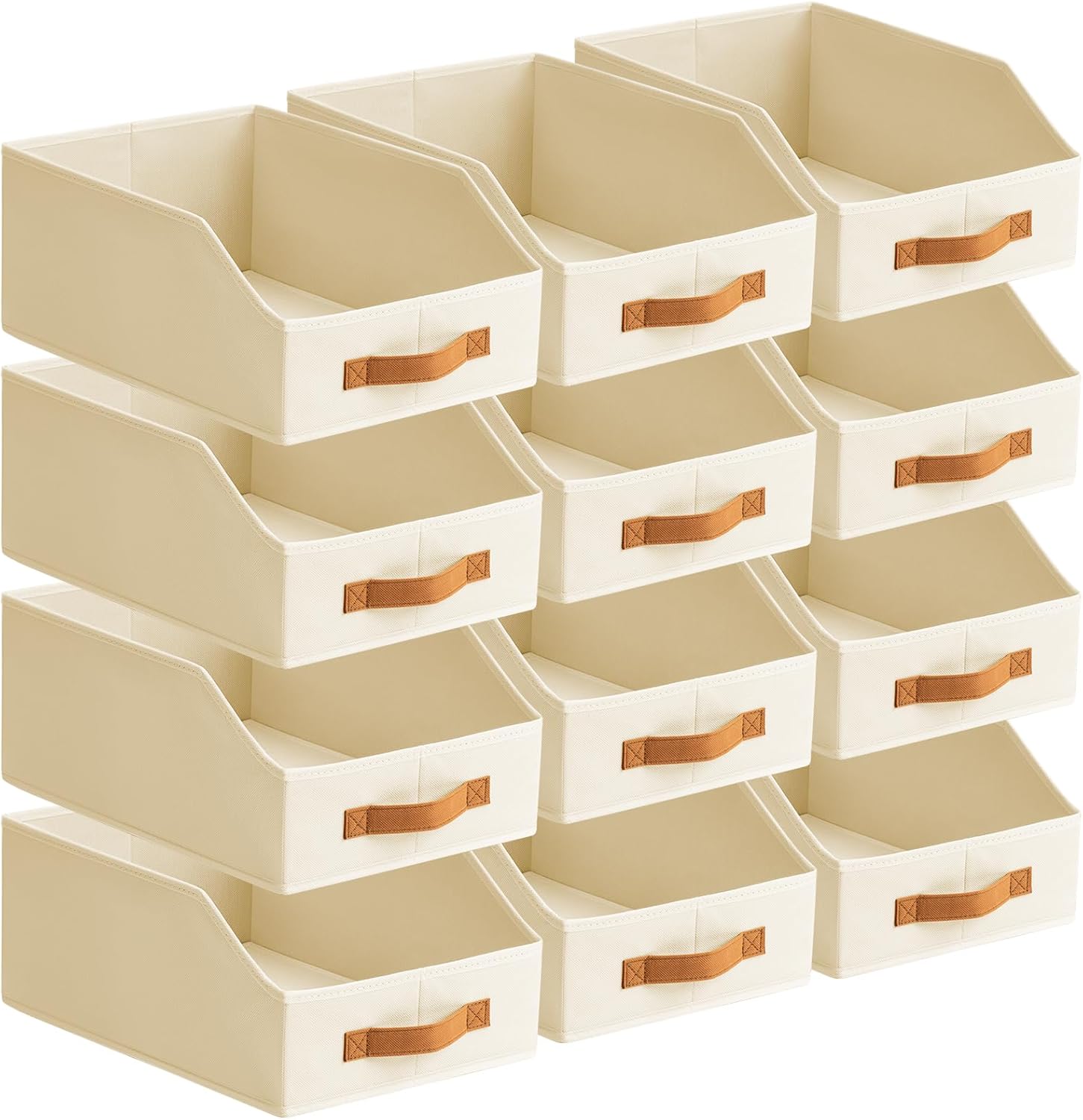 Fabric Storage Bins for Organizing - 12 Pack Large Trapezoid Collapsible Storage Bins with Front Handle, Closet Organizers and Storage for Bedroom, Home Shelves, Small Spaces, Beige