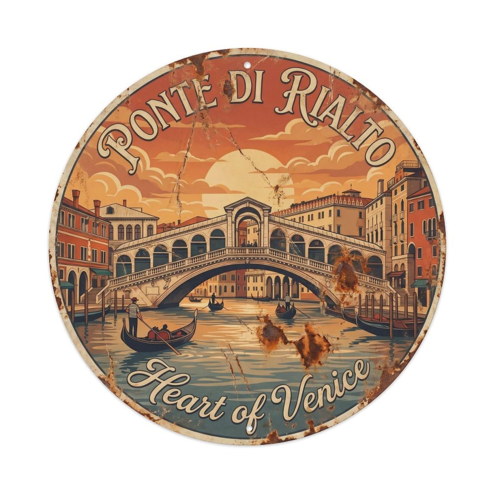 Vintage Travel Rialto Bridge Venice 1 Metal Tin Sign Plaque Wall Decor for Cafe, Club, Garden Round Metal Poster 8x8Inch