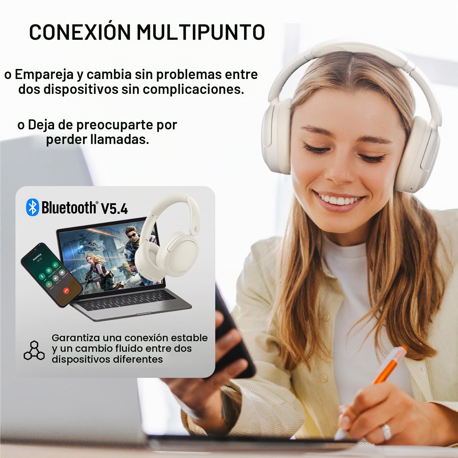 Edifier V80 Auriculares Bluetooth Inalámbricos, Cancelación Activa de Ruido Híbrida 44dB, Bluetooth 5.4, 45 Horas de Autonomía, Carga Rápida, Conexión Multipunto, EQ Personalizado vía App - Blushell