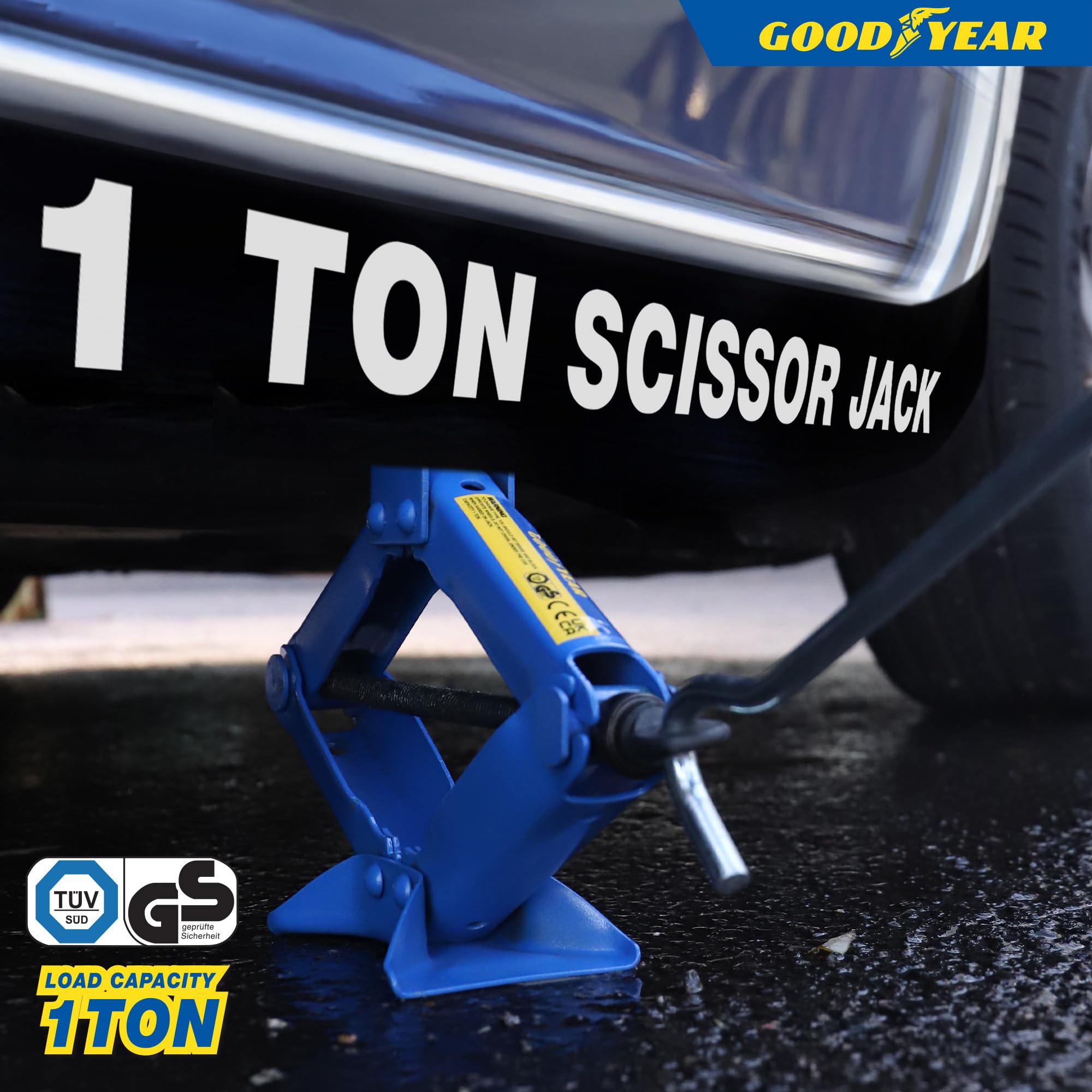 Goodyear Cric ciseau Professionnel 1 Tonne pour Voiture Van – Manivelle de Vitesse