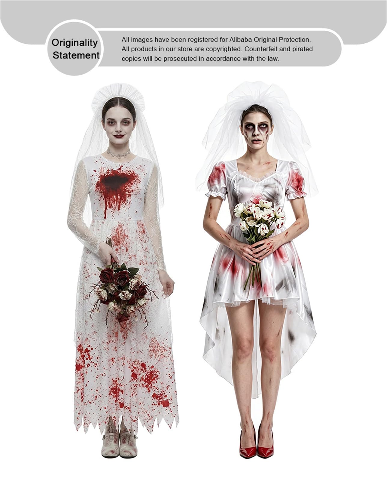 Costume da Sposa Fantasma Donna con Macchie di Sangue, Abito da Cosplay e Set di Accessori per Capelli per Festa di Halloween, Costume di Carnevale