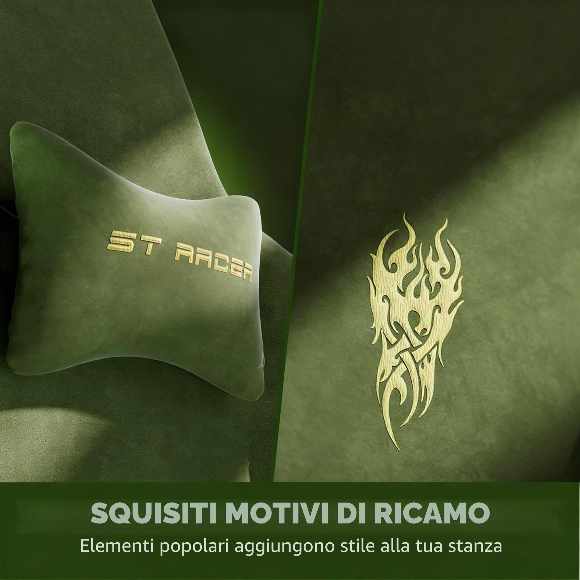 Huracan Sedia da gaming con massaggio lombare, Sedia da Gamer ergonomica, in tessuto di velluto, Poltrona da Gaming con poggiatesta regolabile e cuscino lombare, poggiapiedi, verde