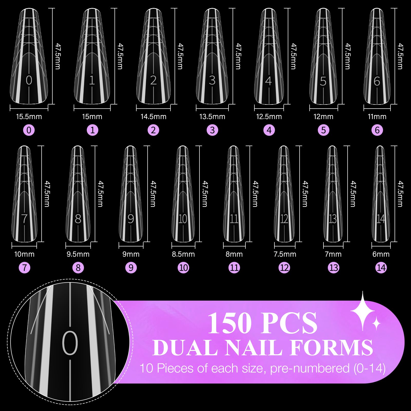 MELLIEX 150 sztuk Formy do paznokci zestaw, przezroczyste rozszerzenie Poly Gel Dual Shape Gel UV narzędzia do manicure do przedłużania paznokci profesjonalne (15 rozmiarów)