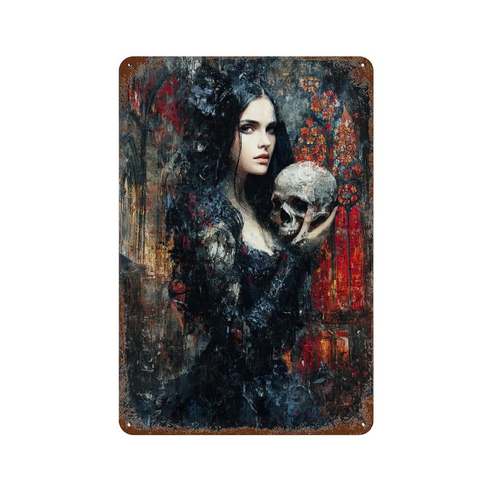 Gothic Woman Holding Skull Painting Retro Metal Sign 11.8"x7.9", Old School Wall Decor for Garage, Pub Or Kitchen