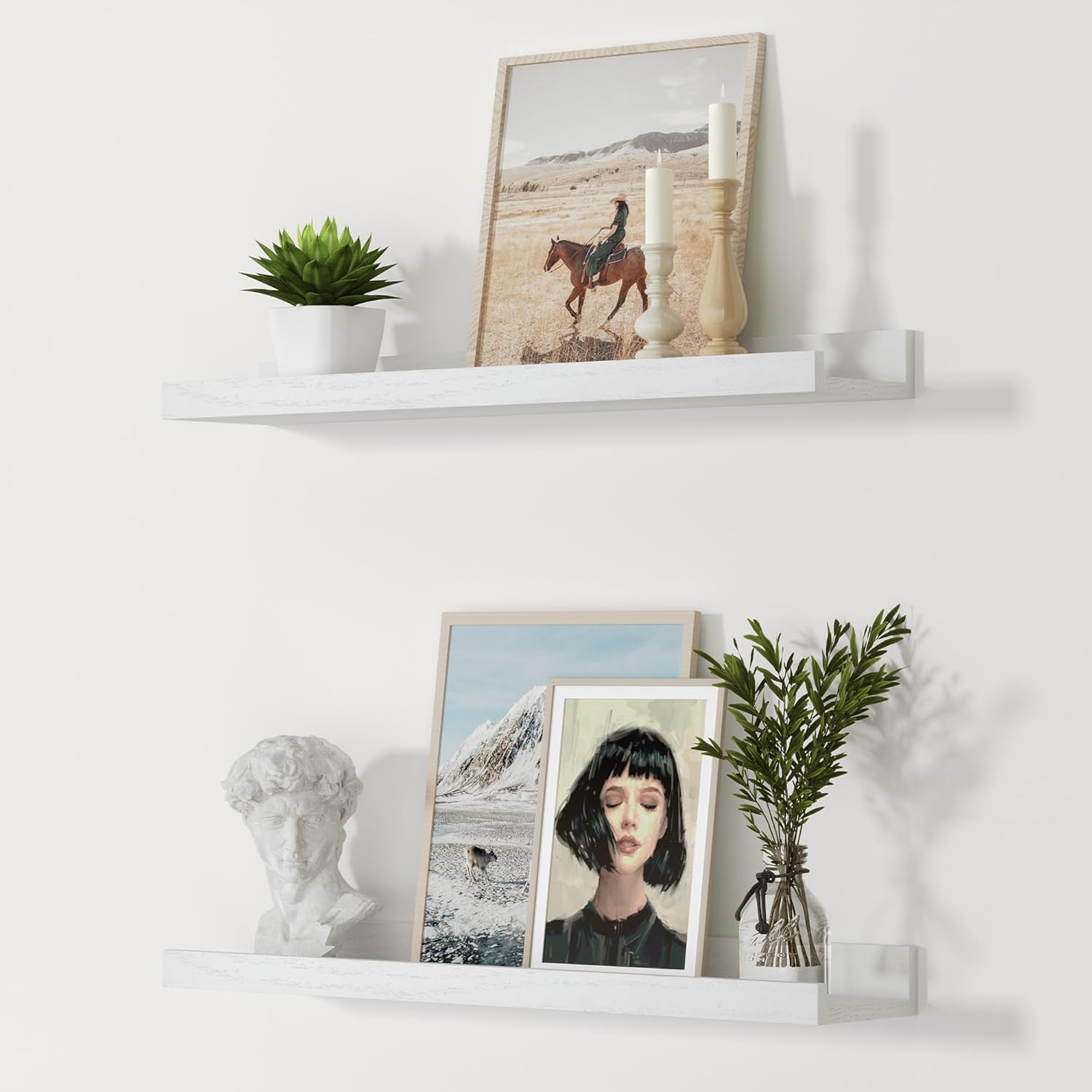 24 Inches Long Floating Shelves Wall Mounted, Picture Ledge Shelf for Wall Decor Living Room Bathroom Kitchen,2 Set Rustic White Wall Shelf for Bedroom, Nursery Book Shelf with Lip White 24''W,Set of 2