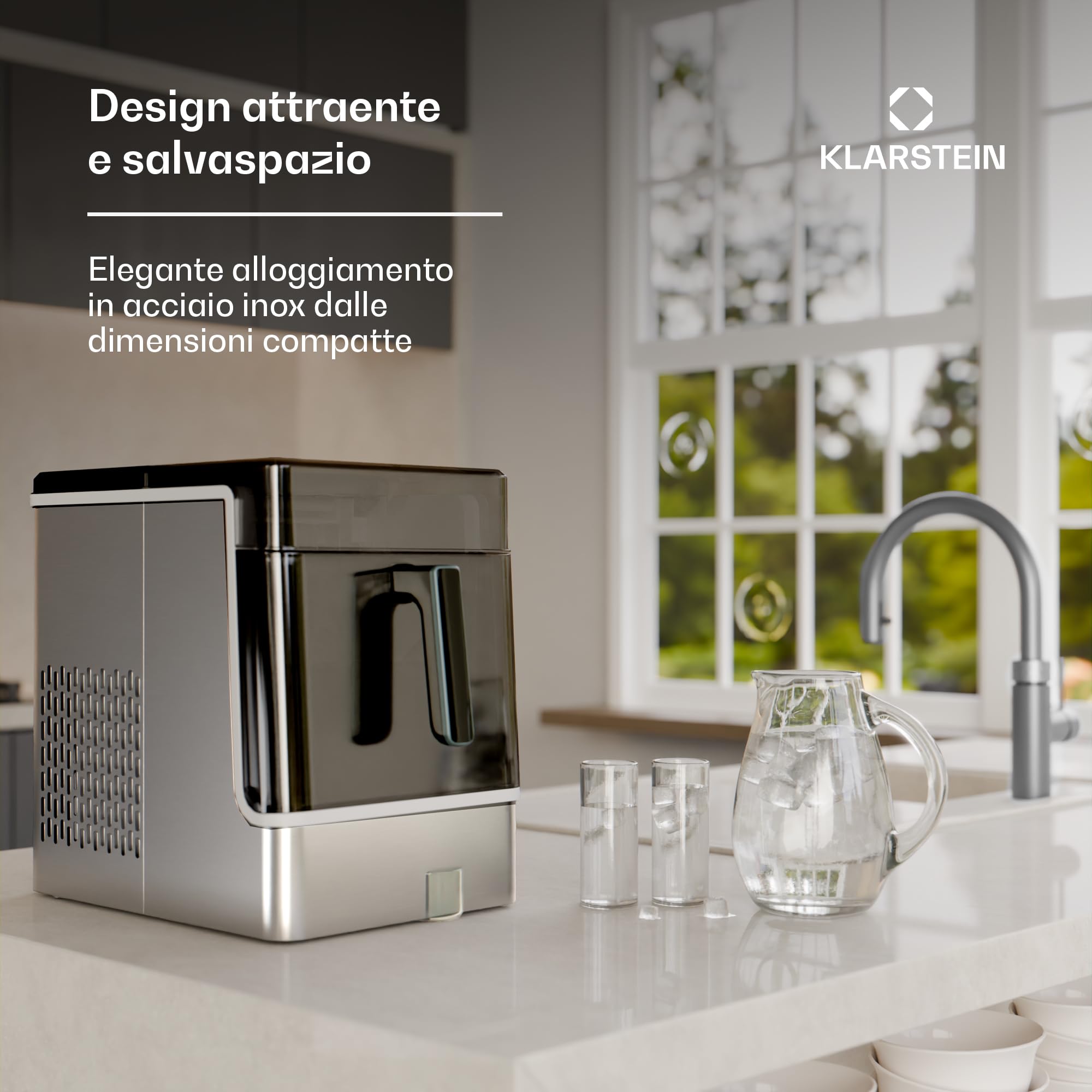 Klarstein - Macchina del Ghiaccio, Acciaio Inossidabile, 23kg/24h, 32 Cubetti/17 Min, Pulizia Automatica, Pannello di Controllo, Avviso del Livello Acqua, Design Moderno, Acciaio inossidabile