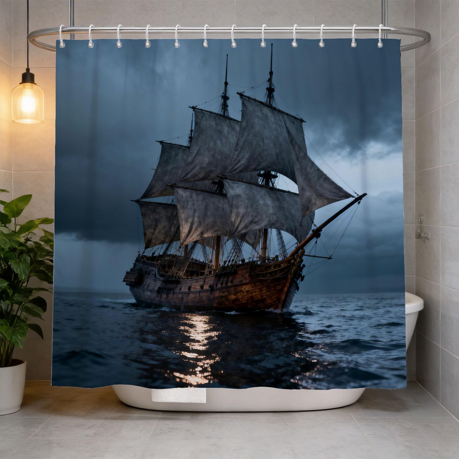 Hongduo White 3D Vintage Sailboat Shower Curtain For Stalls Bathtubs Antique Style Bathroom Decor Shower Curtain Set Polyester Fabric Waterproof 200X200cm/79X79 Inch With Hooks