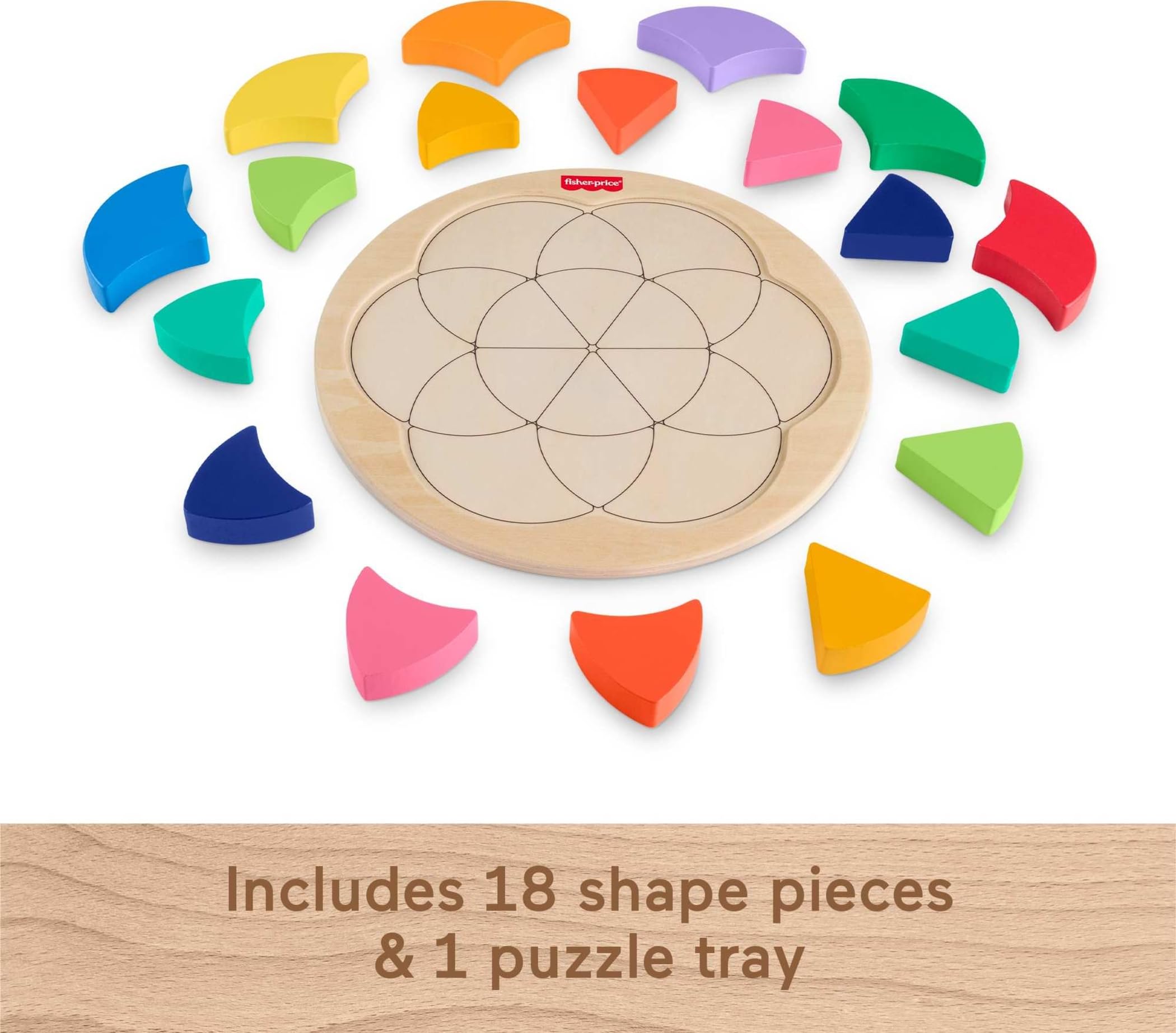 Fisher-Price Drewniane puzzle z kolorowymi kołami do przedszkola, 19 drewnianych elementów do sortowania kształtów, dzieci w wieku przedszkolnym od 3 lat