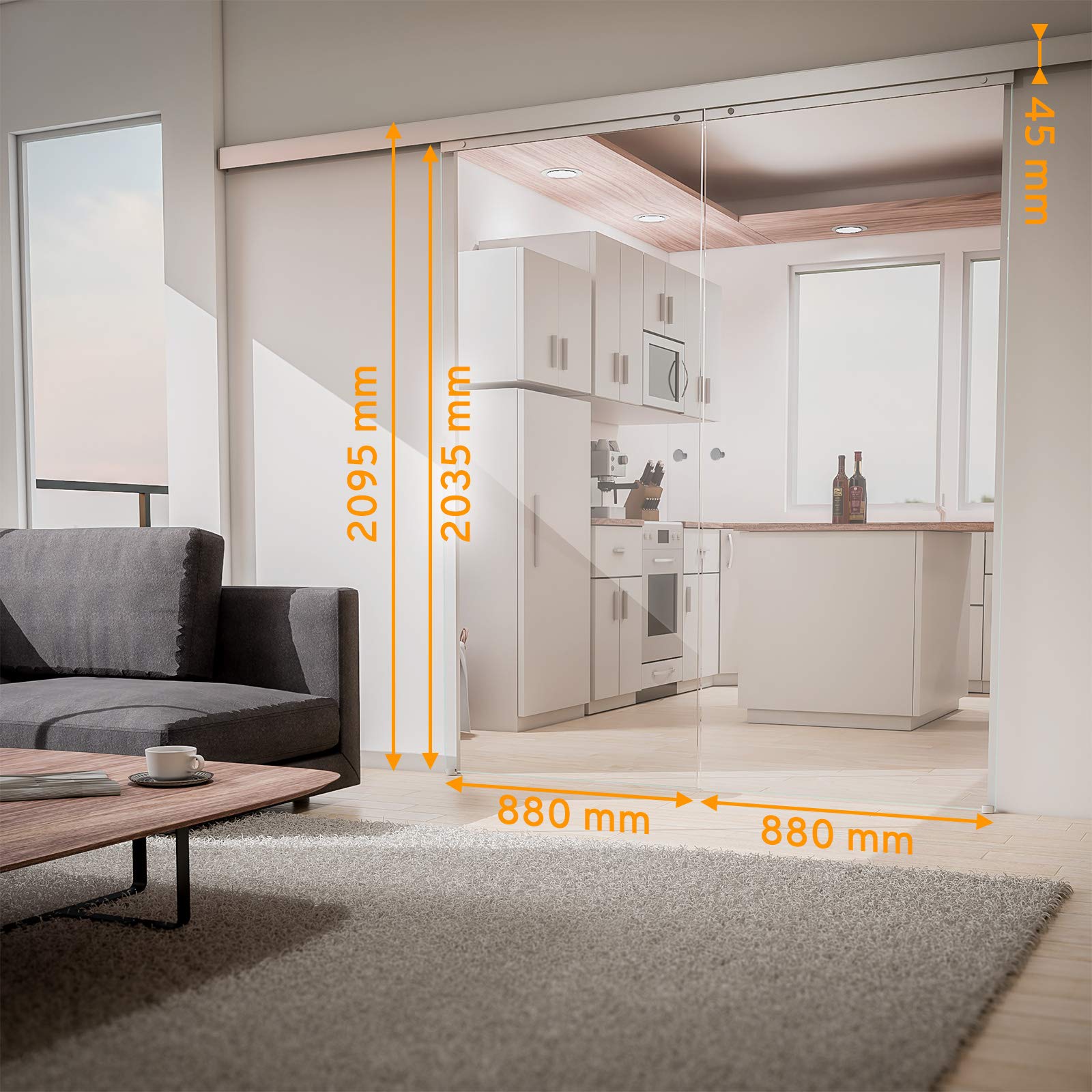 inova Doppel-Glas-Schiebetür 2-Flügelig 1760 x 2035 mm Klarglas Alu Komplettset mit Lauf-Schiene und Griffknopf