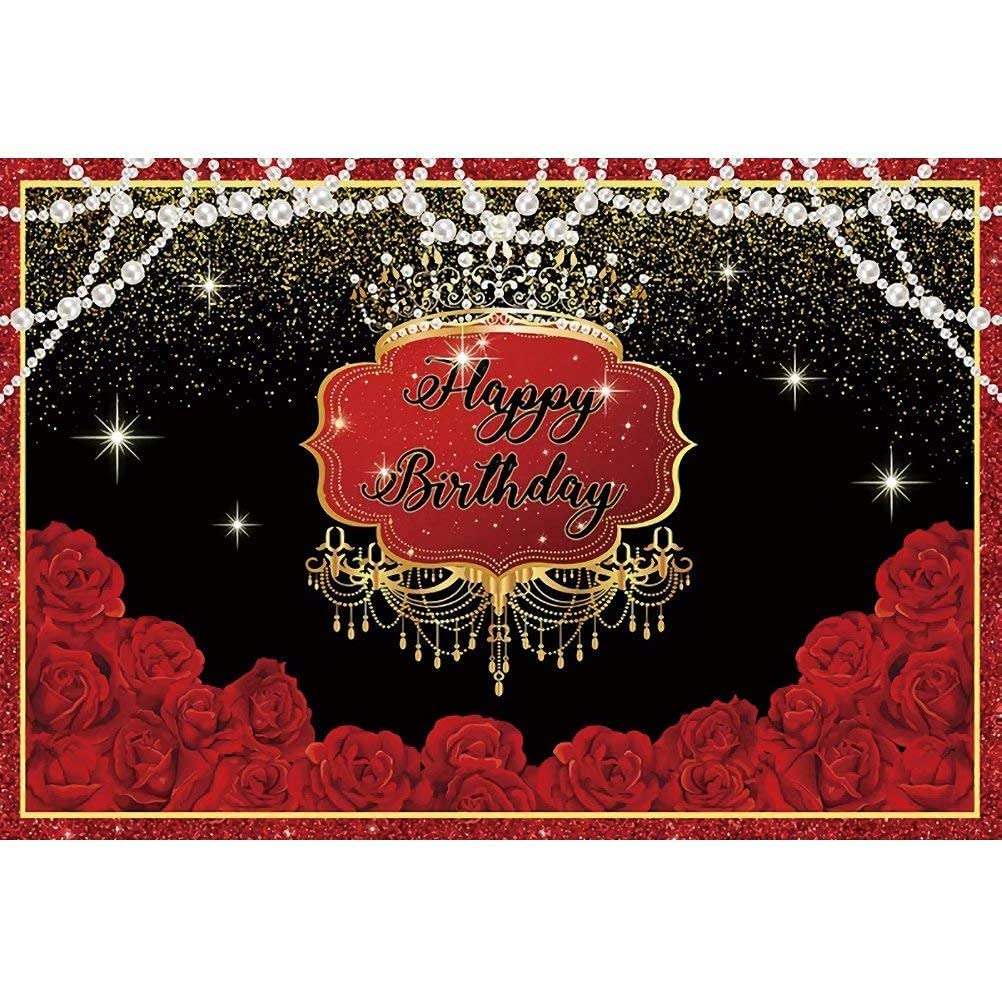 shensu 9x6ft Vinyl Happy Birthday Photography Backdrop Red Roses Gold Sparkle Spots Pearls Luxurious Photo Background Women Men Birthday Party Decor