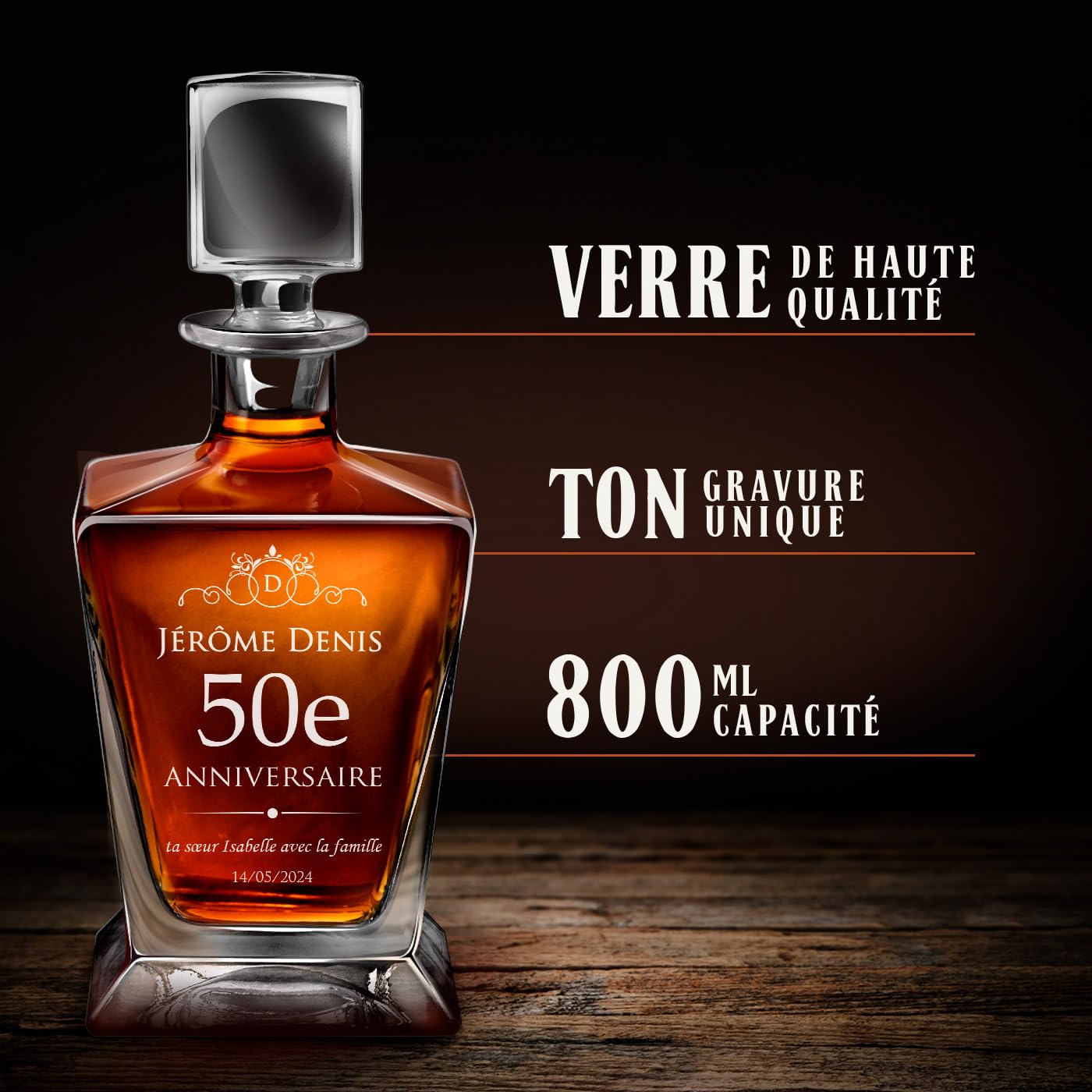 Maverton Ensemble de Carafe et 4/6 Verres à personnaliser - 0,8l Décanteur Whiskey + 2/4/6 Verres de 250ml - Souvenir pour homme - Service à Whisky pour lui - pour anniversaire - 50 ans