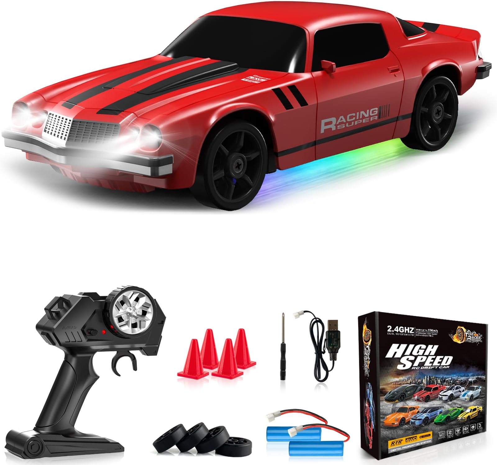 Remote Control Car RC Drift Car 2.4GHz 1:24 4WD 15KM/H High Speed Racing Sport Car with LED Lights Drifting Tire Racing Sport Toy for Adults Boys Girls Kids Gift 2Pcs Rechargeable Batteries
