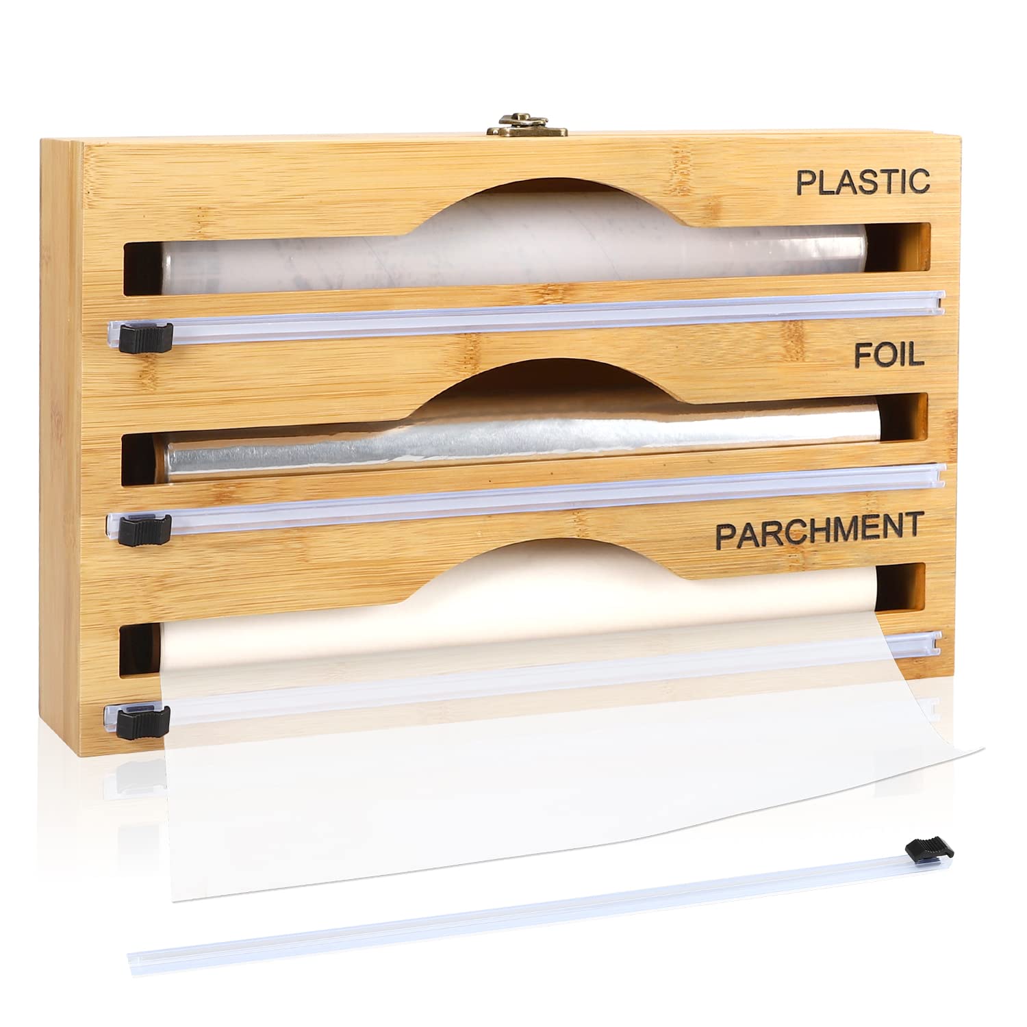 Bamboo Foil and Plastic Wrap Organizer, 3 in 1 Plastic Wrap Dispenser with Cutter, Storage Organizer for Aluminum Foil & Cling Film & Parchment Paper, Compatible with 13" Roll