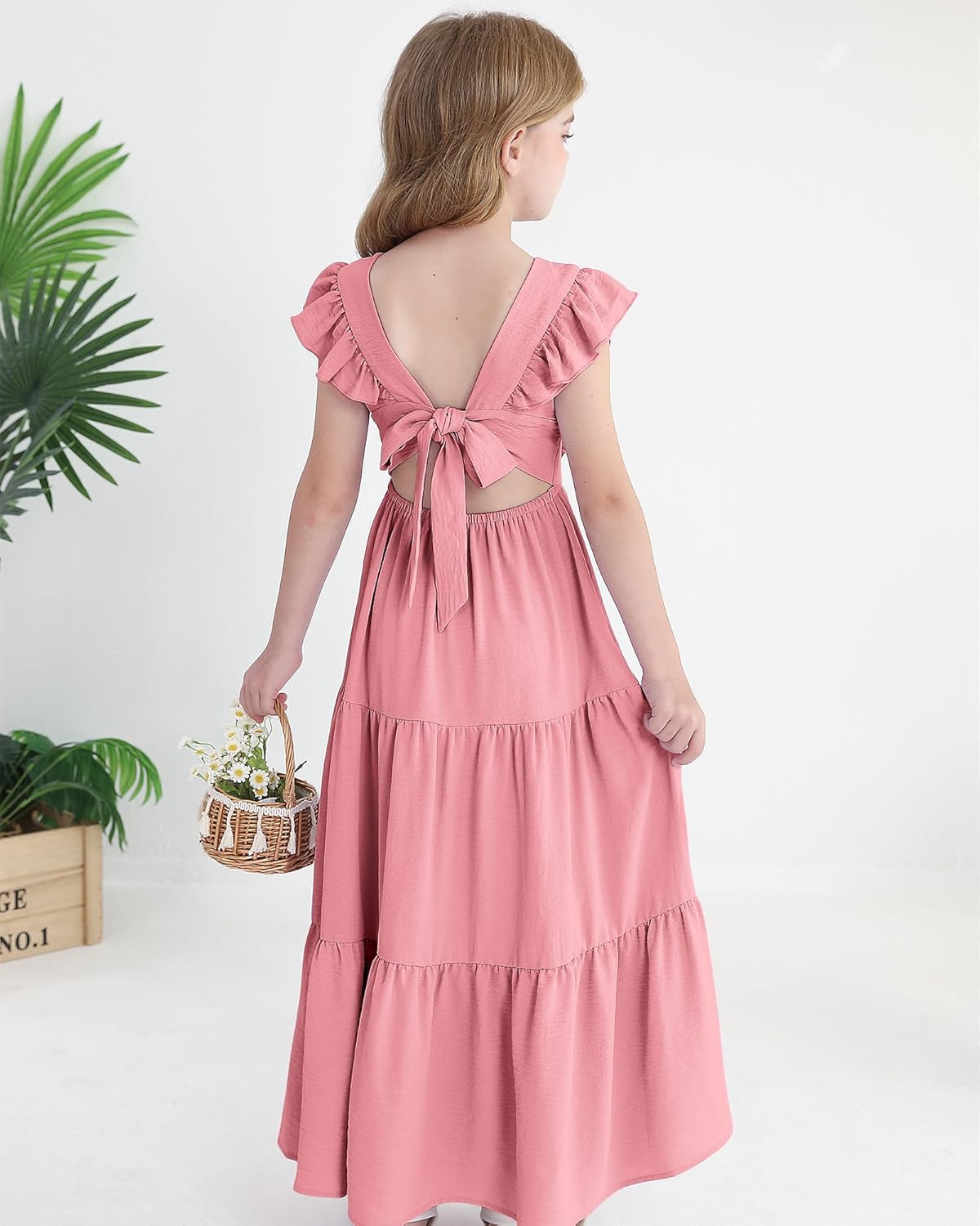 Girls Summer Dresses Tween Tie Back Ruffle Sleeve Kids Swing Flowy Casual Beach Maxi Dress - Image 3