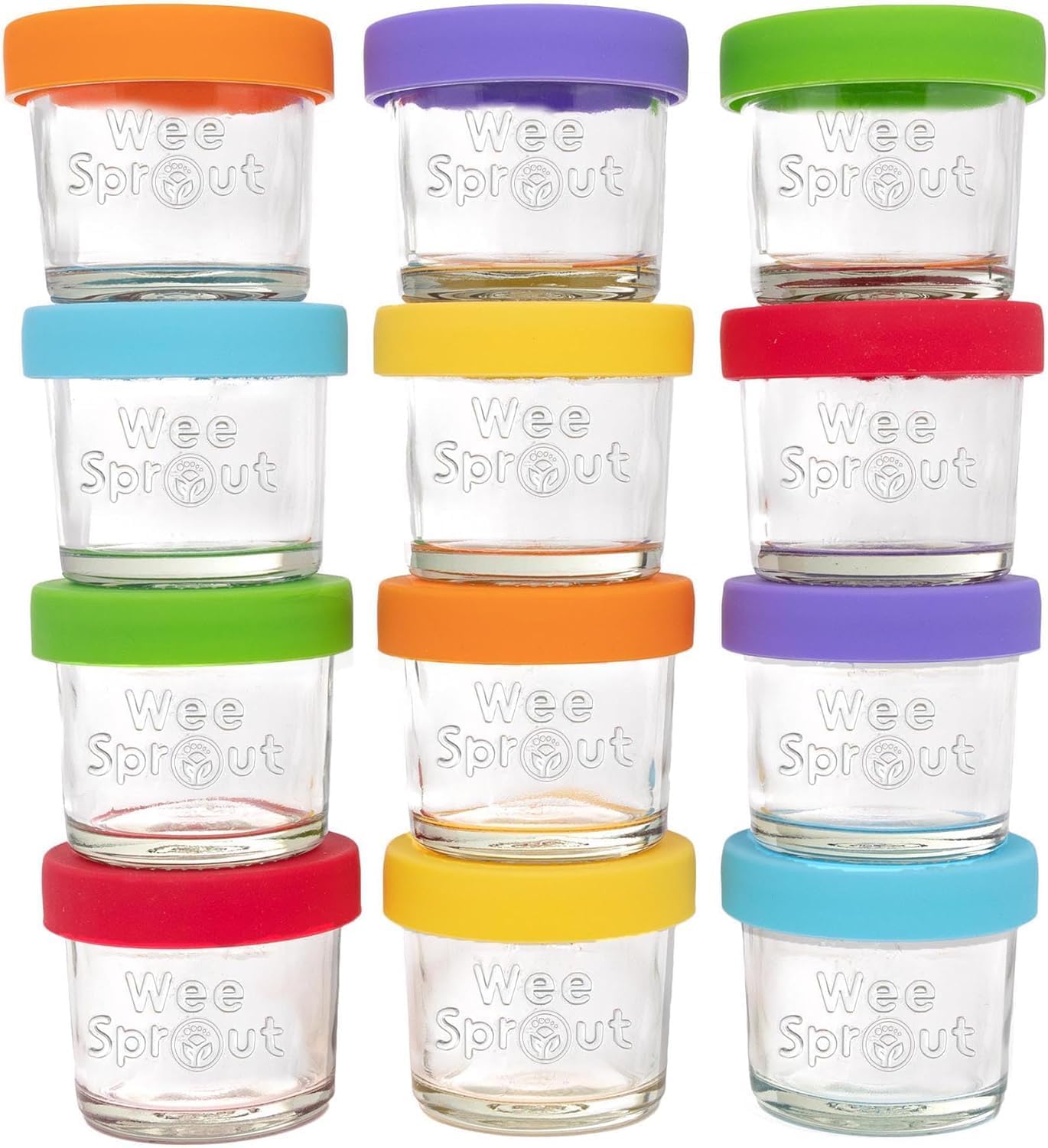 WeeSprout Glass Baby Food Storage Jars with Silicone Lids (4 oz, 12 Pack Set) Snack, Puree, Reusable Small Containers, Breast Milk, Fridge or Freezer, Essential Must Have for Infants