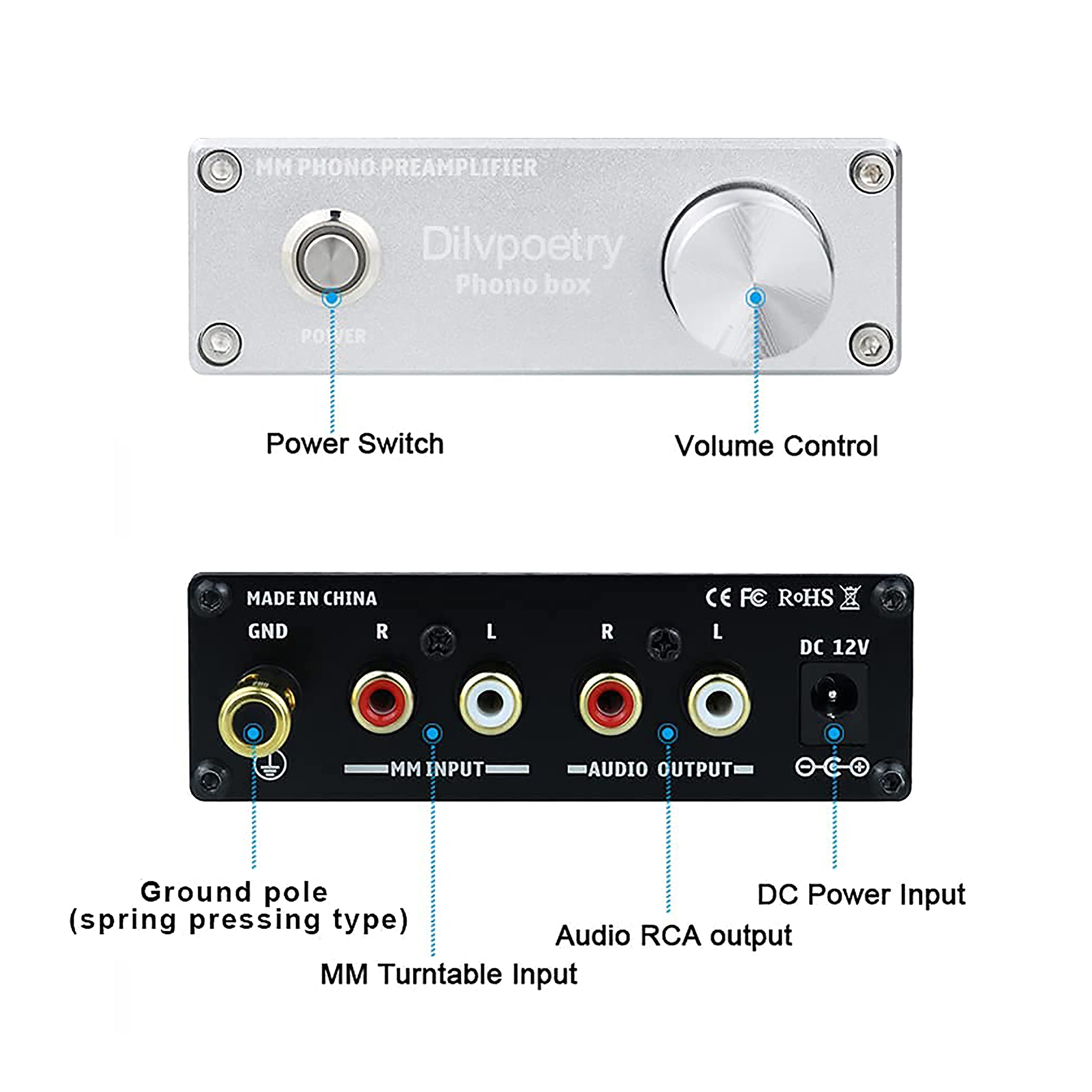 Dilvpoetry Phono Box Preamplificador mini para tocadiscos, fonógrafo, con entrada RCA, 12 V CC (plata)