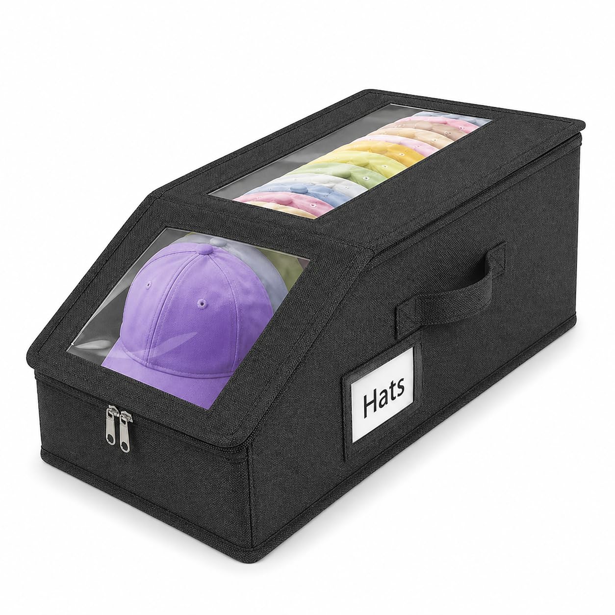 Binbe Double Window Gray Baseball Cap Storage Stackable Cap Hat Storage With Carrying Handles & Lid Dust-Proof Double-Pane, Dark Gray