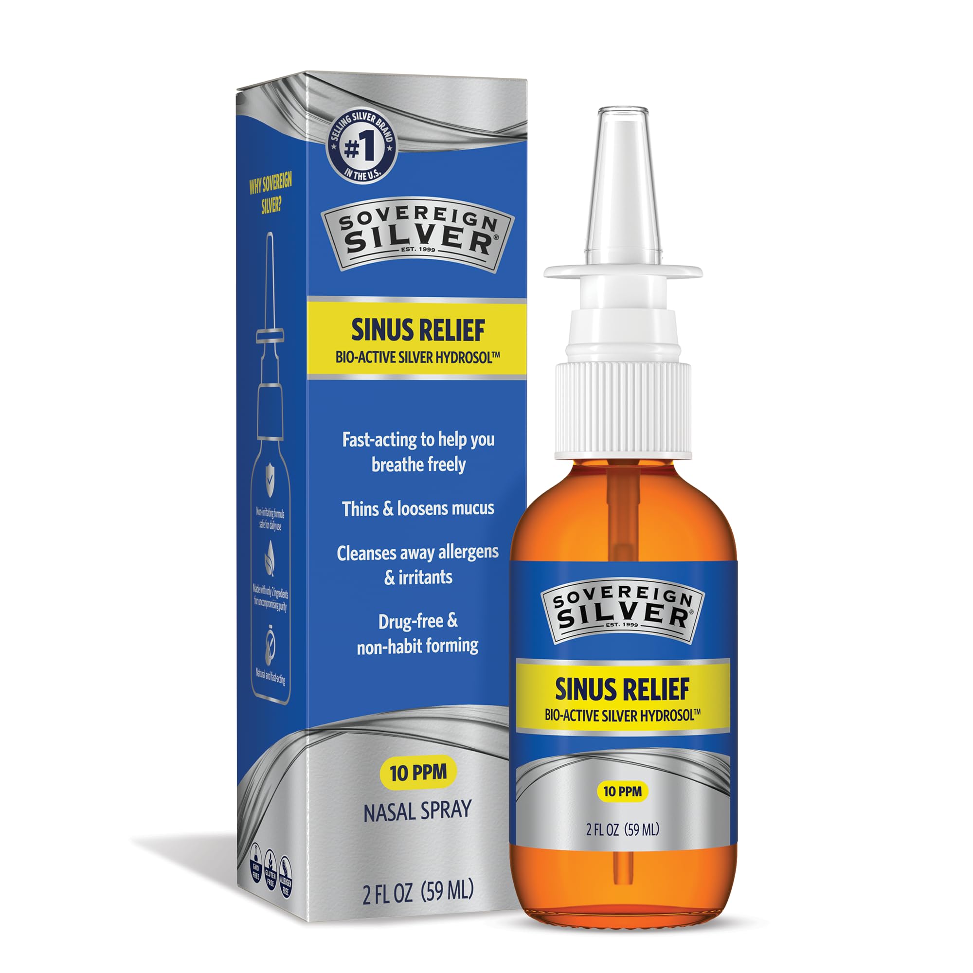 Sovereign Silver Natural Nasal Spray - Colloidal Silver Nasal Spray, Bio Active Nose Mist for Sinus Congestion and Immune Support, Adults and Kids, 10 ppm - 2 fl oz (59mL)