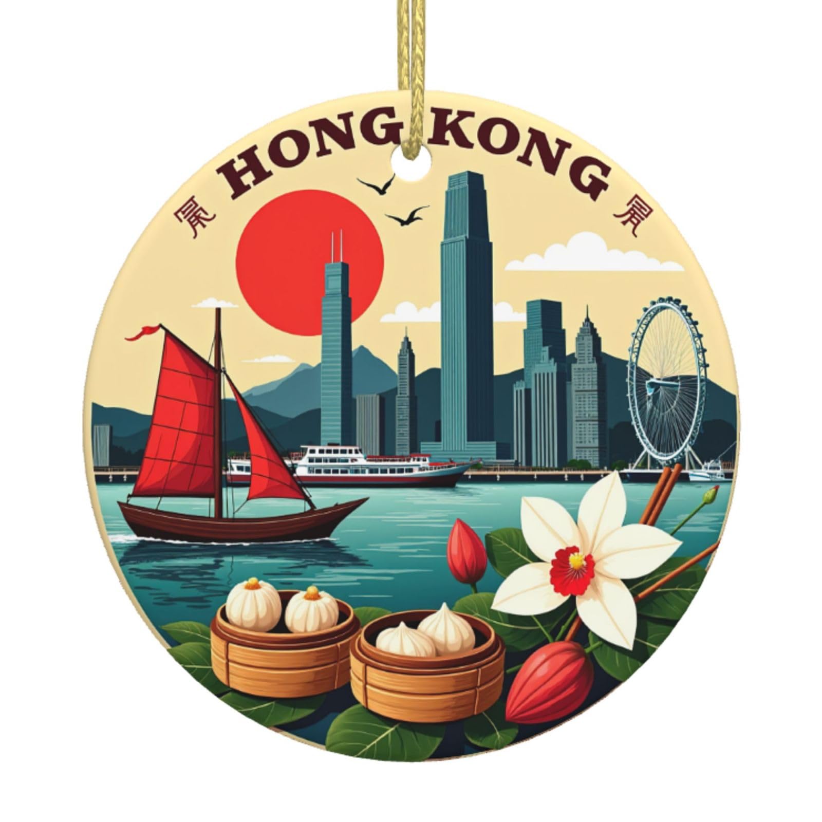 Fhizoal White Hong Kong Cityscape With Boat Christmas Tree Ceramic Hanging Round Xmas Ornament Keepsake Holiday Party Home Decoration