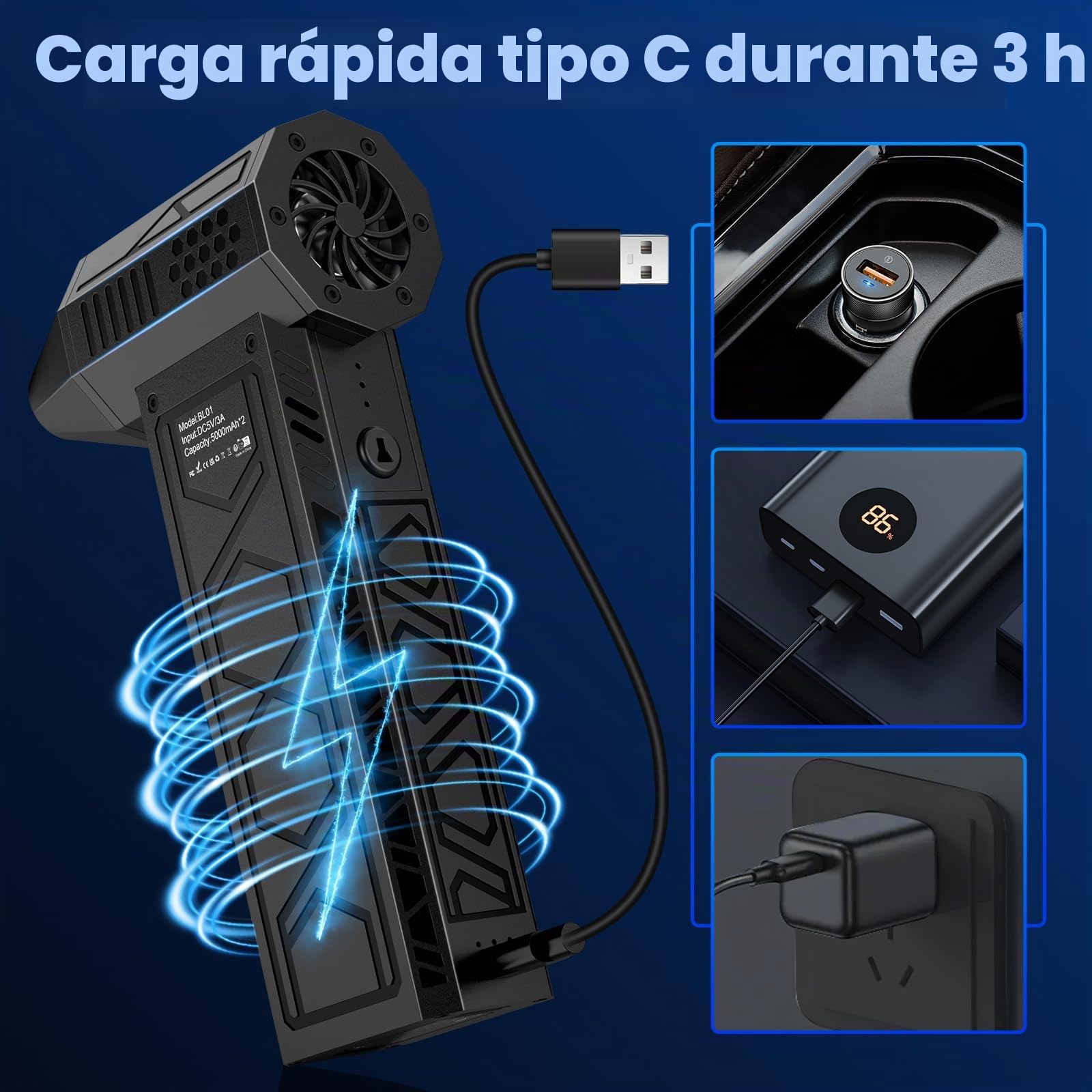Soplador de Polvo Eléctrico,180000 RPM,2025 Aire Comprimido Limpieza PC con Luz Auxiliar LED Light/Potente 4 Velocidades/Iluminación para Ordenadores, Coches, Teclado
