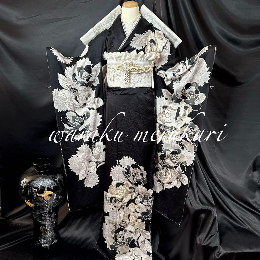 モノトーン振袖 銀彩加工 豪華刺繍 牡丹菊紋 成人式 フルセット フル