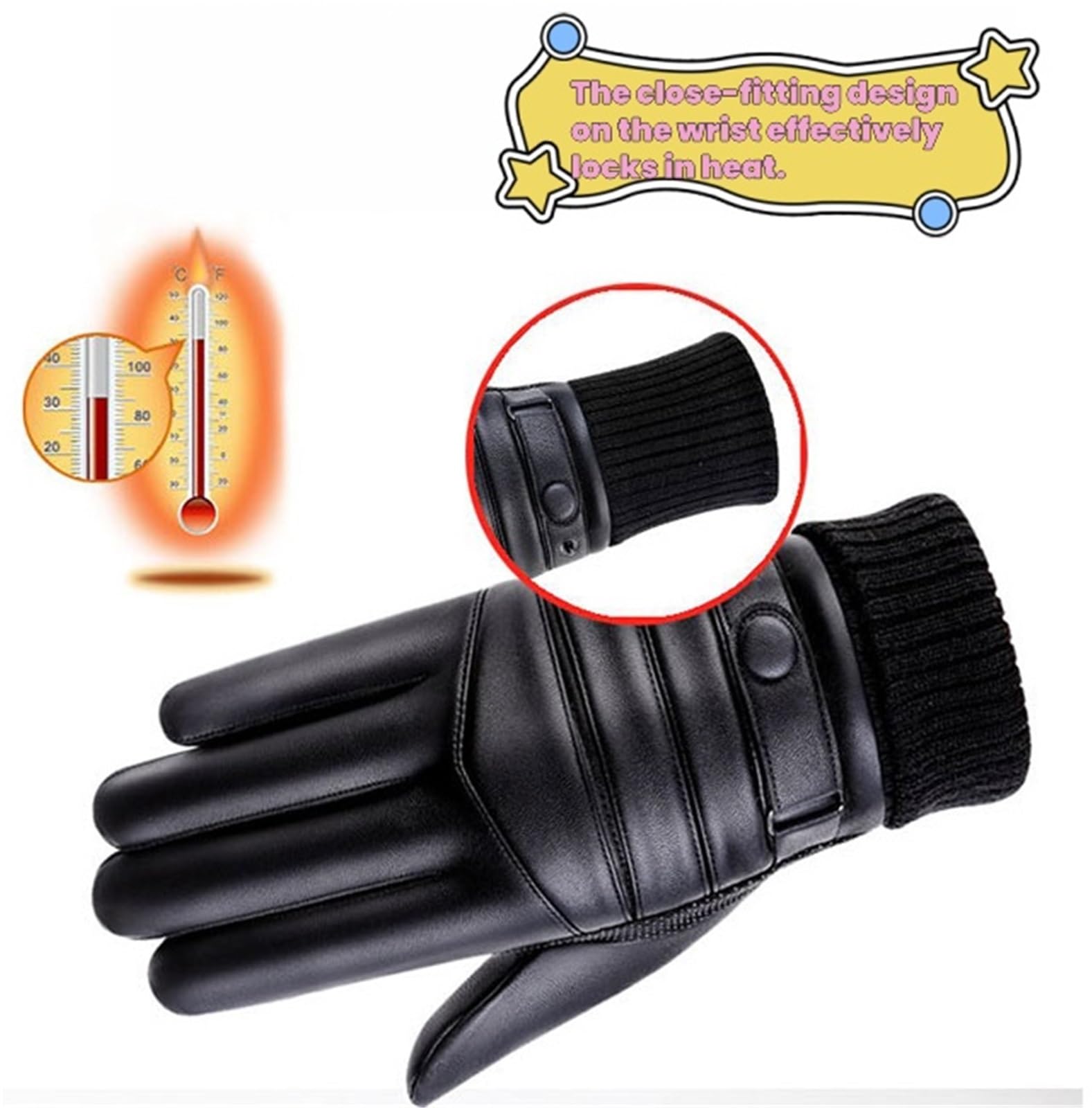 Guantes de invierno de cuero cálido para hombre, con forro de piel térmica, guantes de piel para pantalla táctil, para motocicleta, conducción