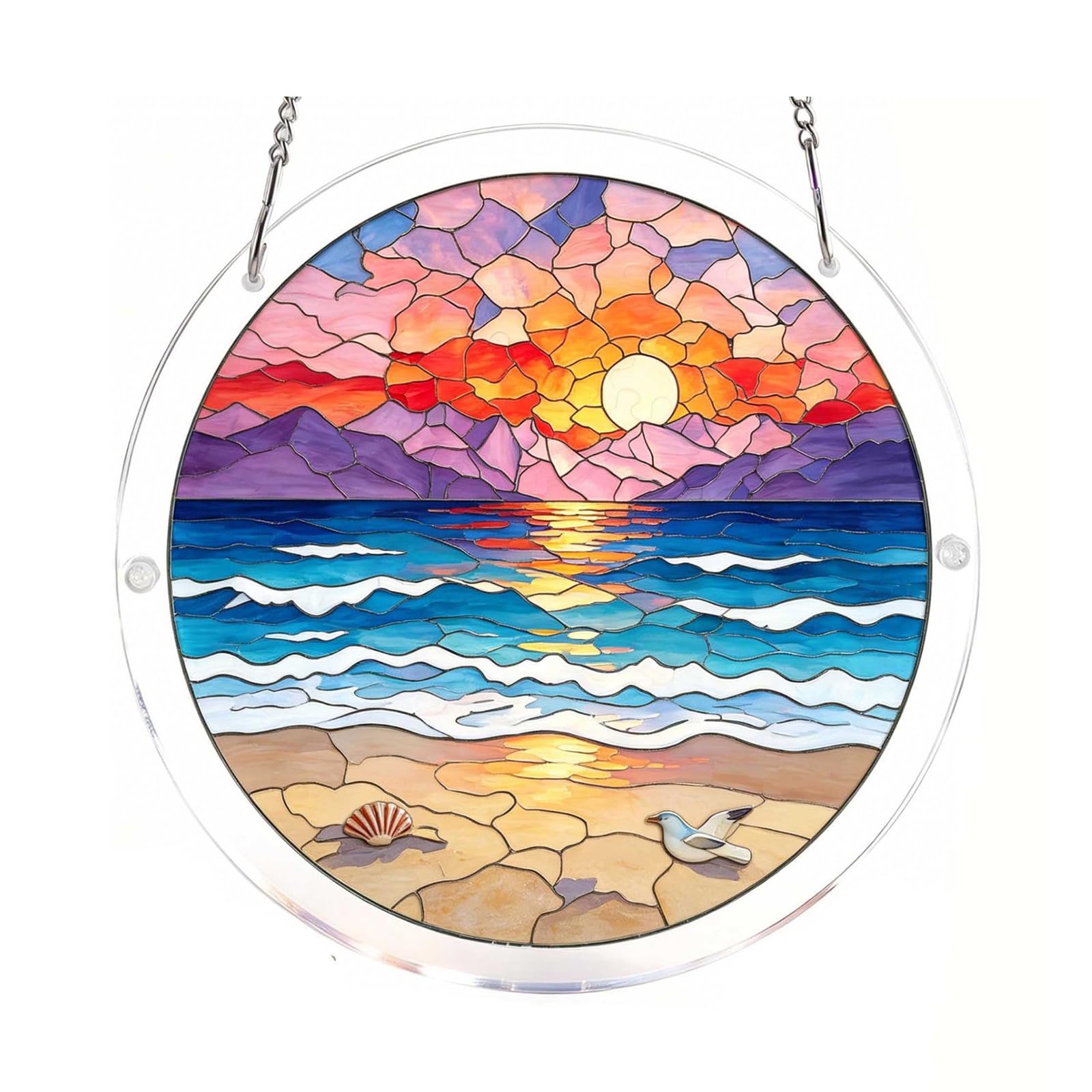 Introti Aesthetic Acrylic Suncatcher Puzzle Window Sun Catchers Stained Glass Window Hanging Home Garden Art Gift for Housewarming (Beach)