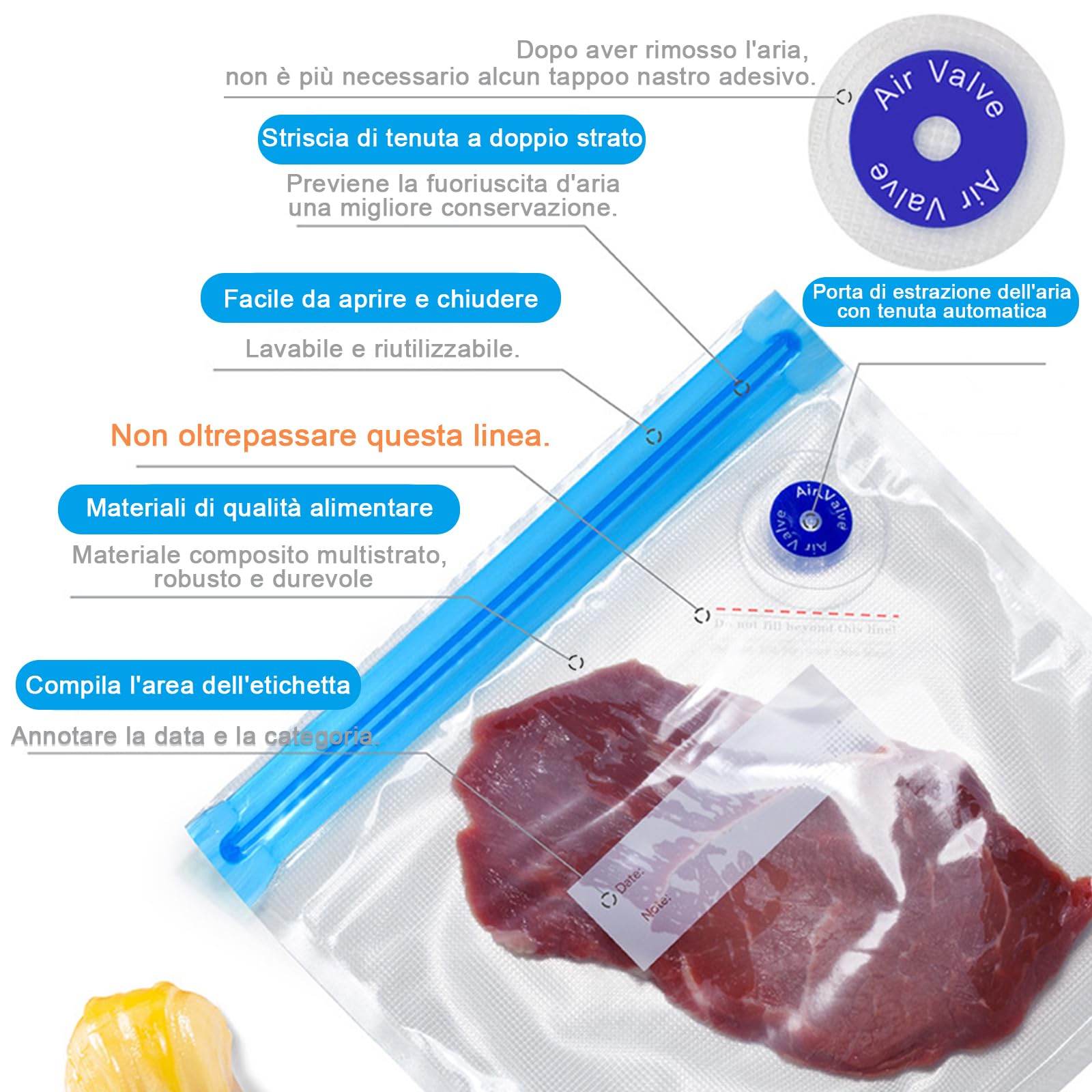 20-pezzi Sacchetti Sottovuoto Alimenti: Buste Sottovuoto Alimenti con Valvola Riutilizzabili Senza BPA - per la Conservazione Degli Alimenti - Cucine Domestiche e Picnic(21x22/26x34cm)