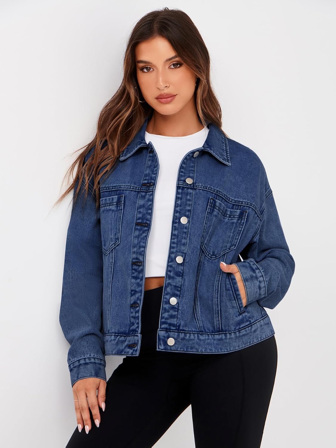 Glamaker Womens Oversized Jean Jacket Casual Long Sleeve Button Down Denim Jacket Fall Coat - Image 3