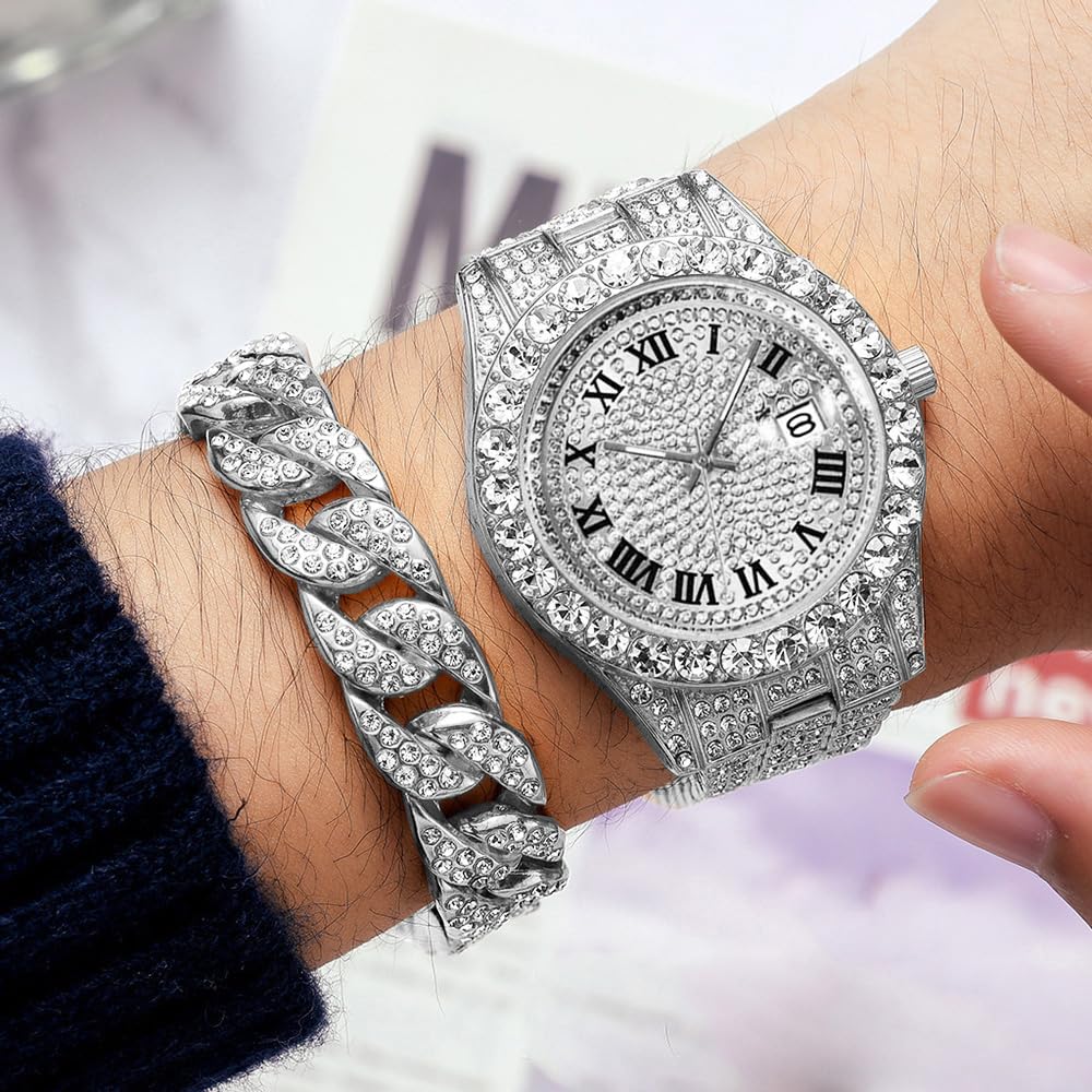 Hip Hop Uhren für Herren Iced-Out Bling Diamant Luxus Quarz Uhren mit Datum