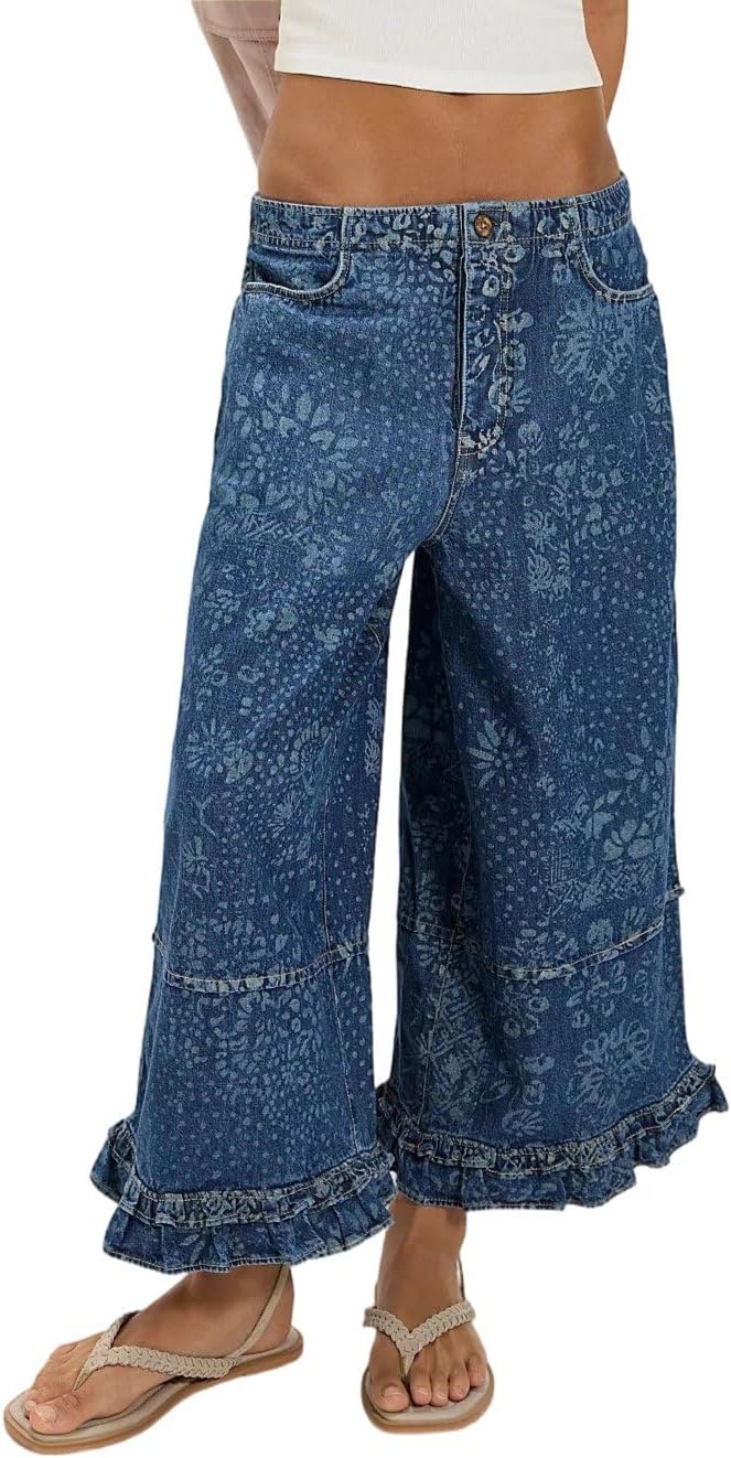 CHARTOU Women Floral Boho Wide Leg Denim Pants Back Elastic Waist Ruffle Hem Baggy Casual Cropped Jeans