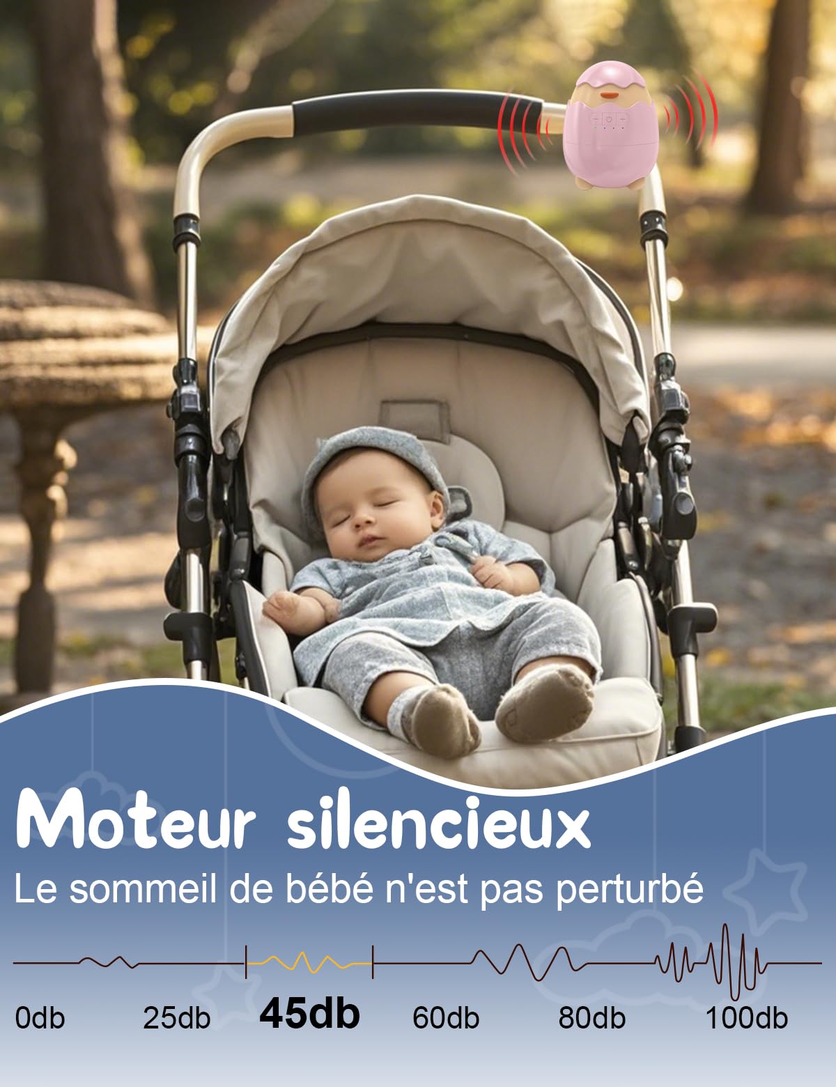 Robofun Balançoire Automatique Pour Bébé, Rocker Rechargeable- Accessoire Électrique Portable avec 30-60-90 Minuterie et 5 Vitesse Réglable - Compatible avec la Majorité des Poussettes, Rose