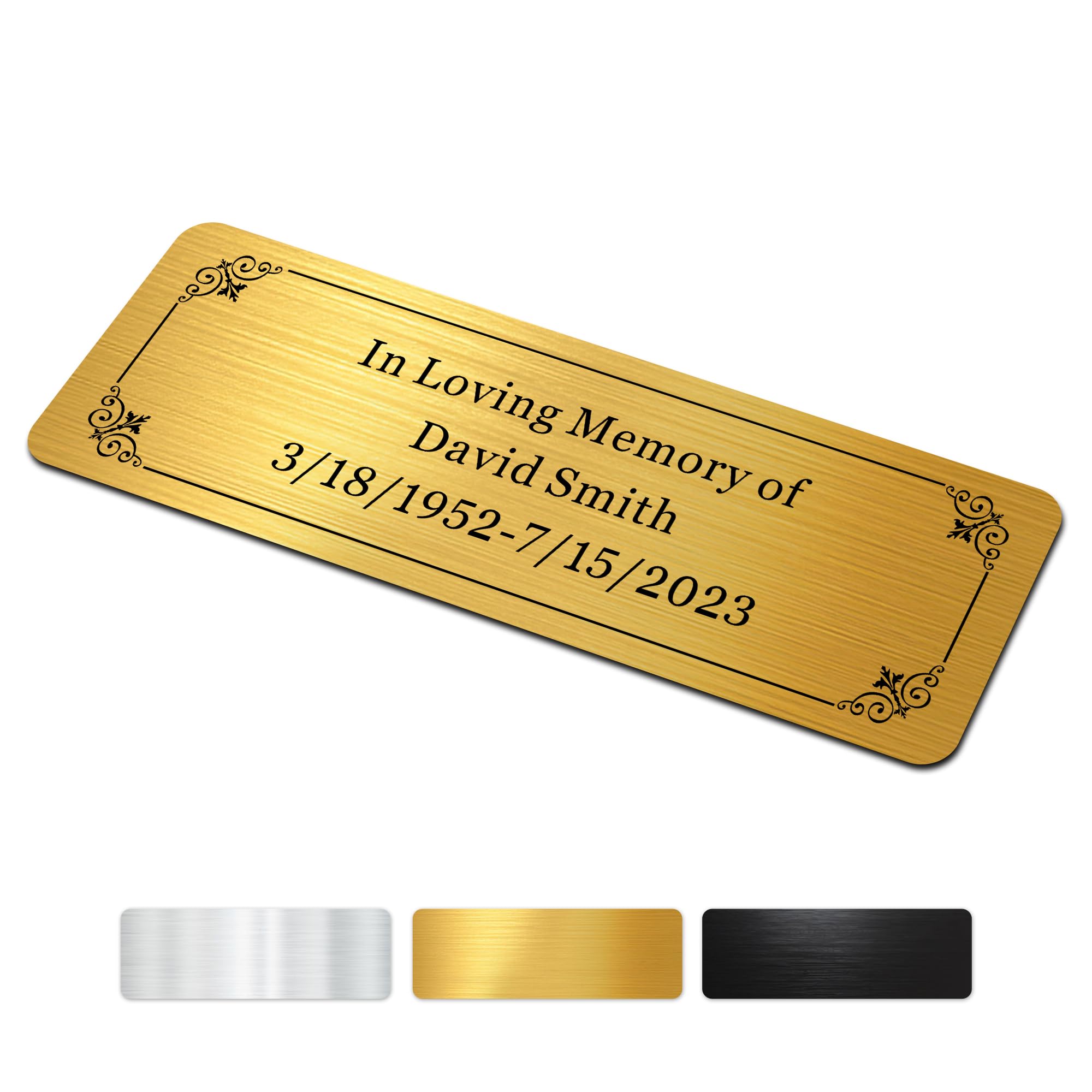 Engraved Plaques Personalised Memorial Plaques for Doors Urns Custom Name Plate Engraved Name Plate Names Label Plaque Names Tags with Adhesive Backing (Round Corner-Gold, 3x1 in)