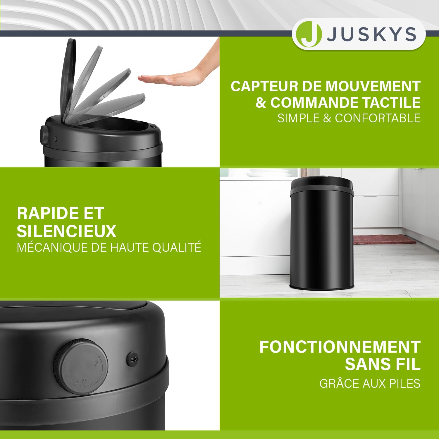 Juskys poubelle automatique avec capteur de 30 L - poubelle électrique, détecteur de mouvement, couvercle automatique, étanche, bague de serrage, cuisine - noir