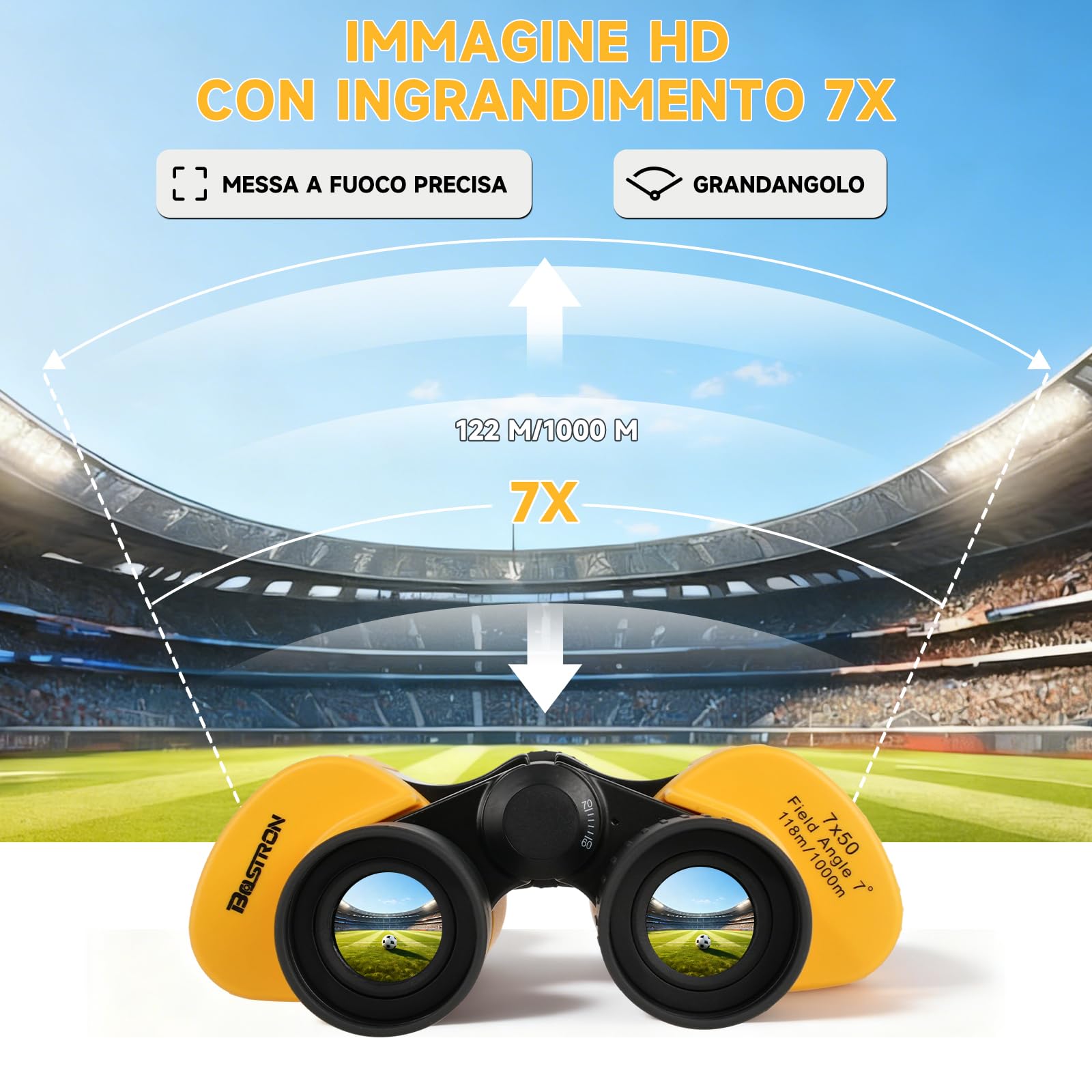 Binocolo 7x50 Professionale per Adulti, Binocolo Impermeabile e Galleggiante, con Prismi BAK4 e Lenti FMC, per Nautica, Caccia, Pesca e Sport, Colore Giallo
