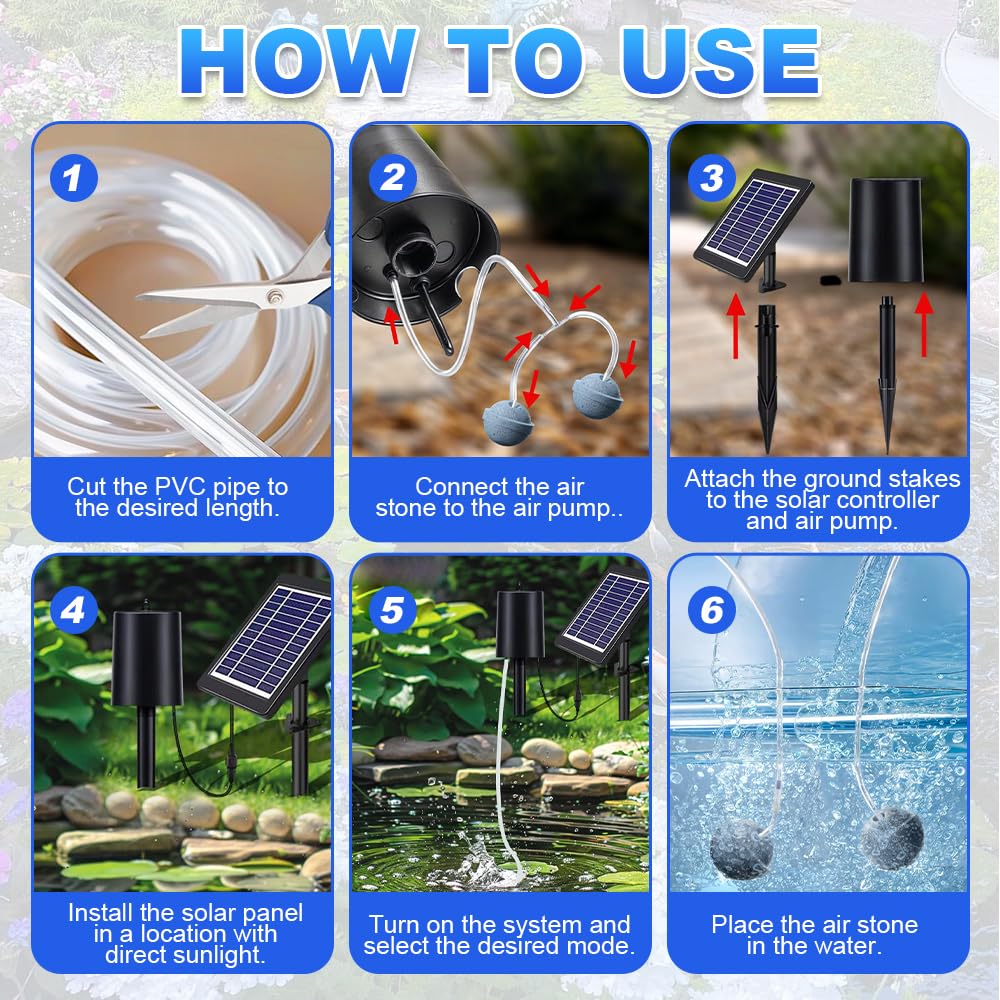 Pompa ad Aria Solare, 2,5W 2200 mAh Ossigenatore Solare, Aeratore Solare per Laghetti con Tubo e 2 Pietre a Bolle d'Aria, Pompa di Ossigeno Per Laghetto Da Pesca Piscina Da Acquario